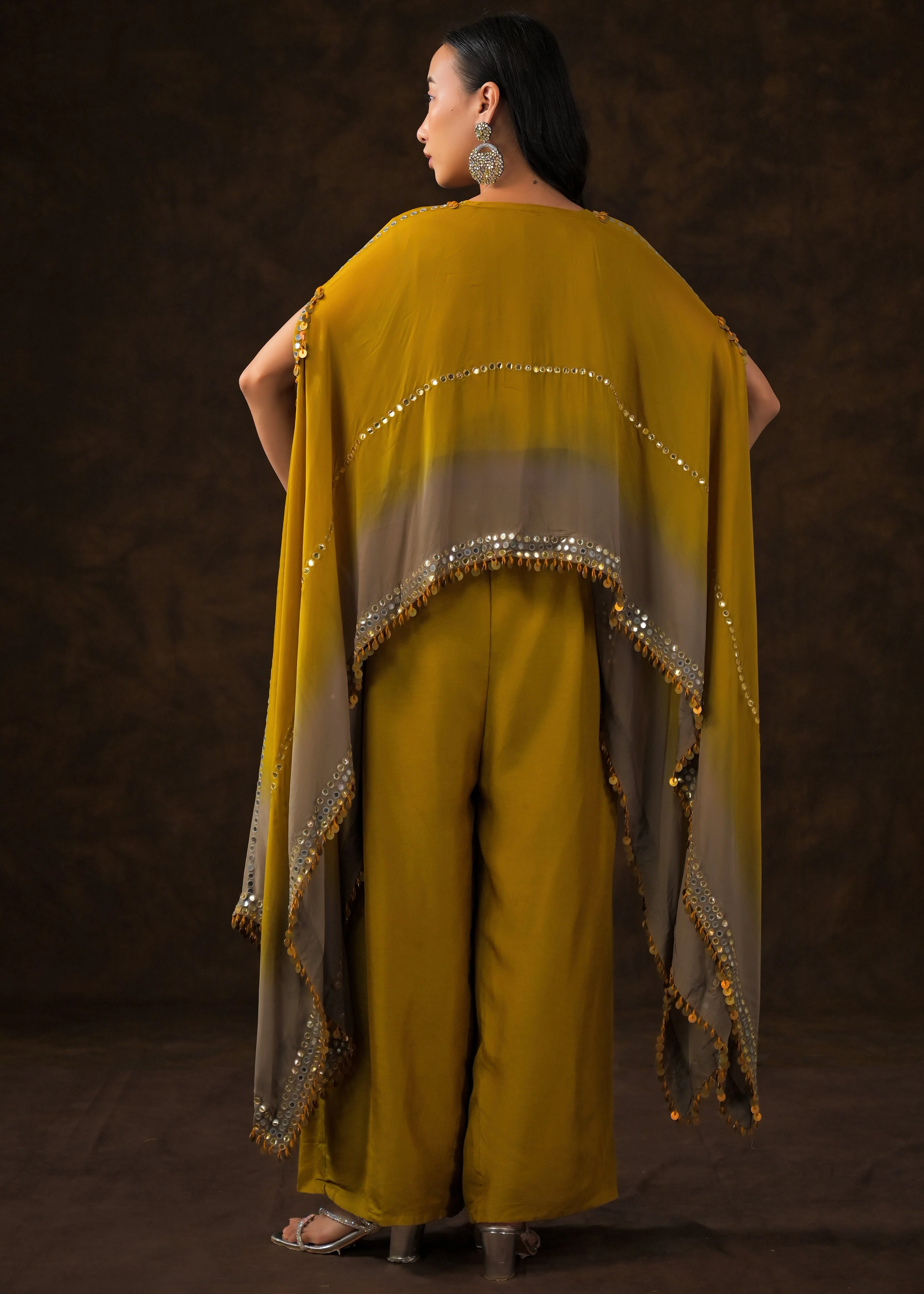 Mustard Ombre Embellished Raw Silk Cape Set - Image 6