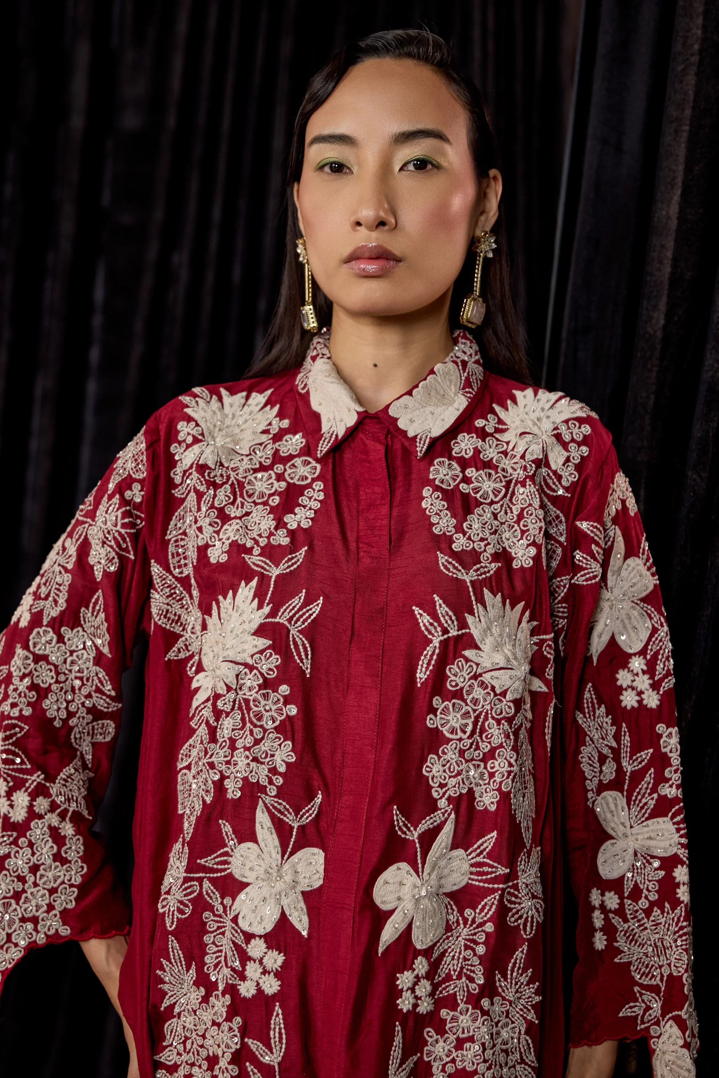 Deep Red Embroidered Raw Silk Co-Ord Set - Image 2