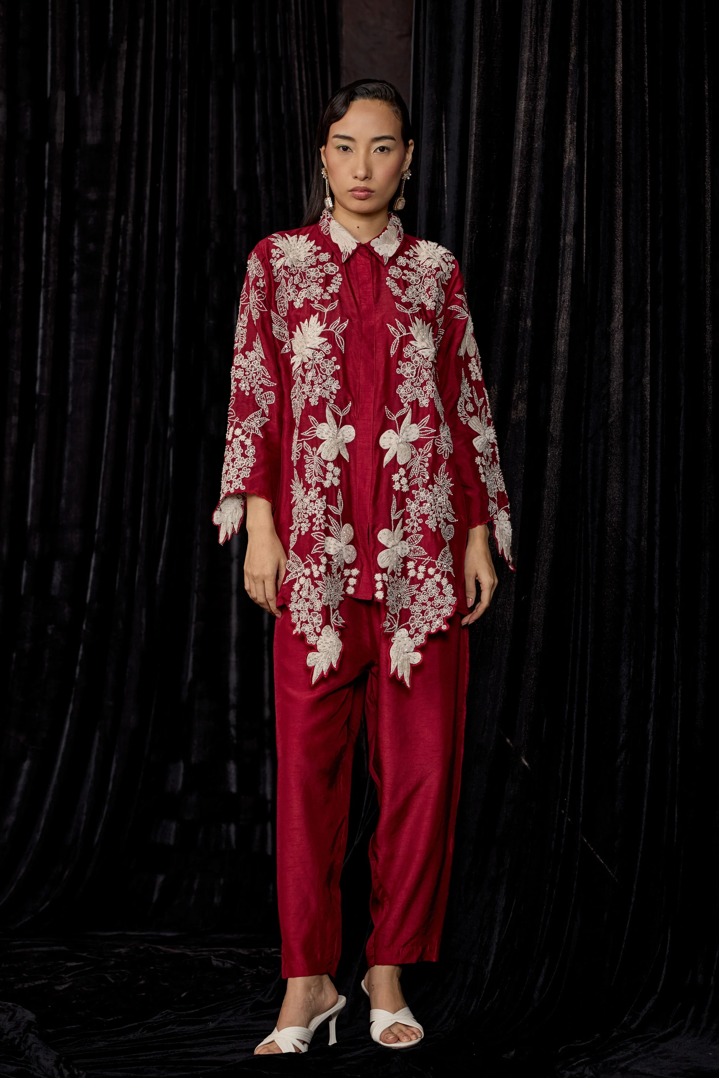Deep Red Embroidered Raw Silk Co-Ord Set - Image 4