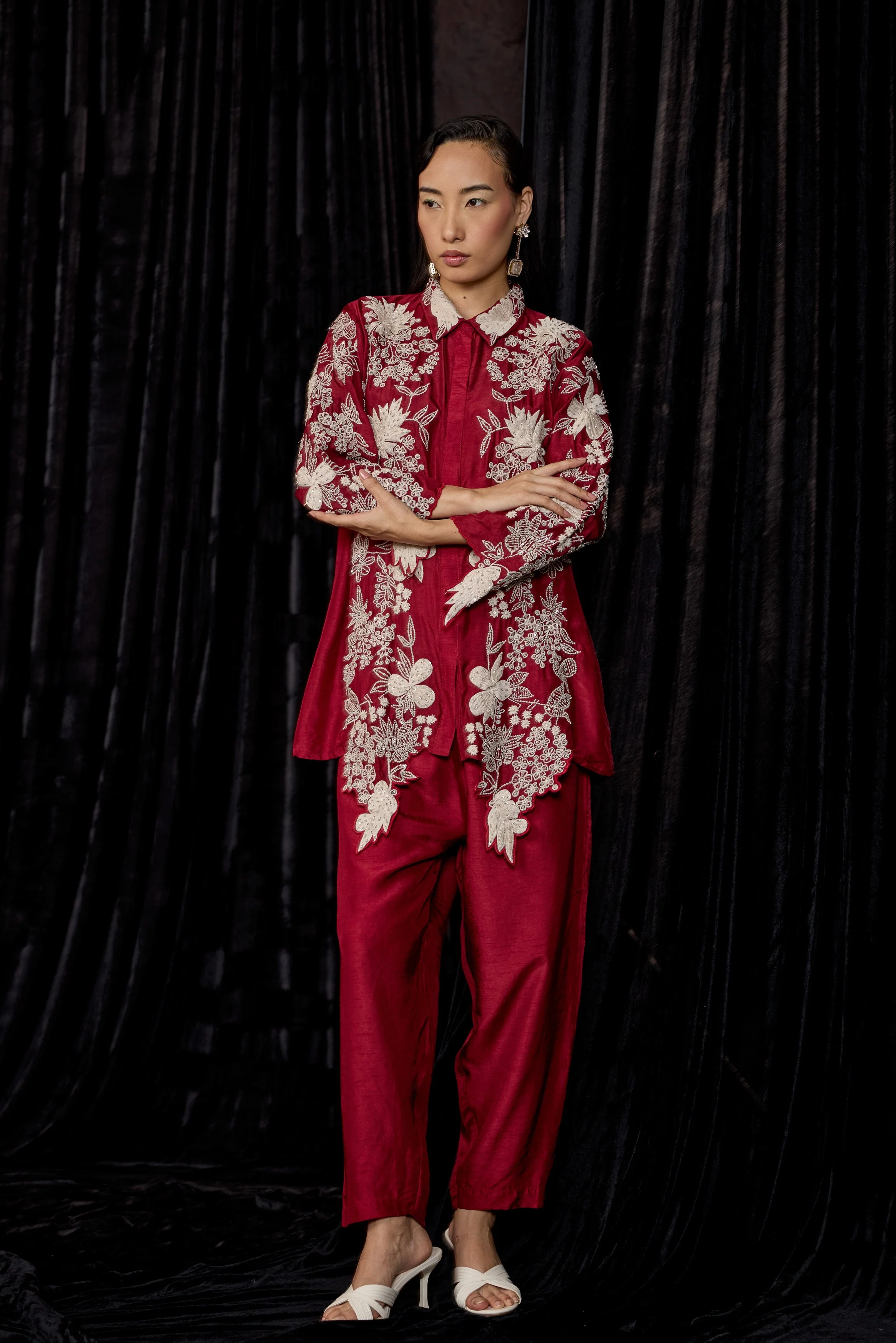 Deep Red Embroidered Raw Silk Co-Ord Set - Image 5