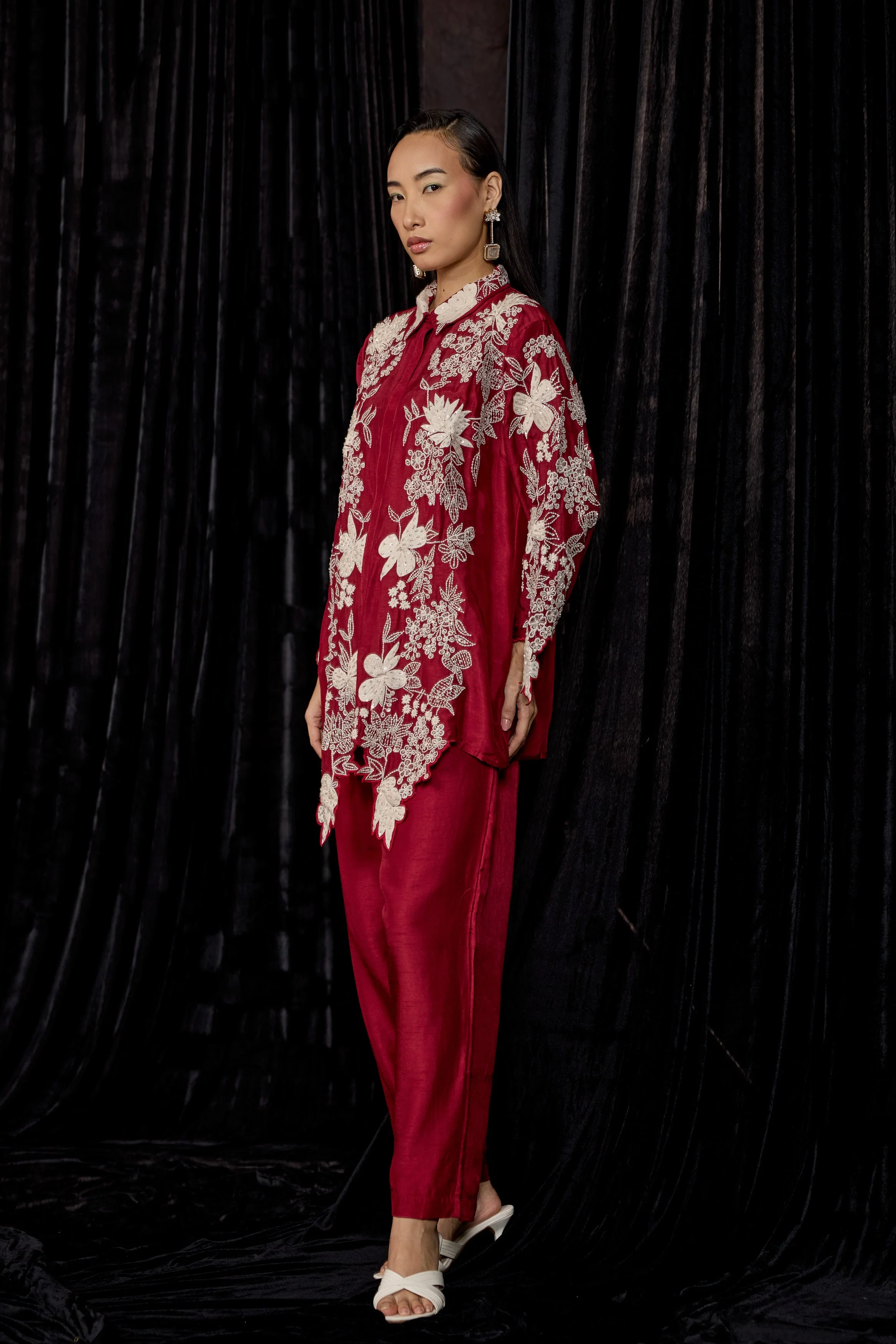 Deep Red Embroidered Raw Silk Co-Ord Set - Image 6