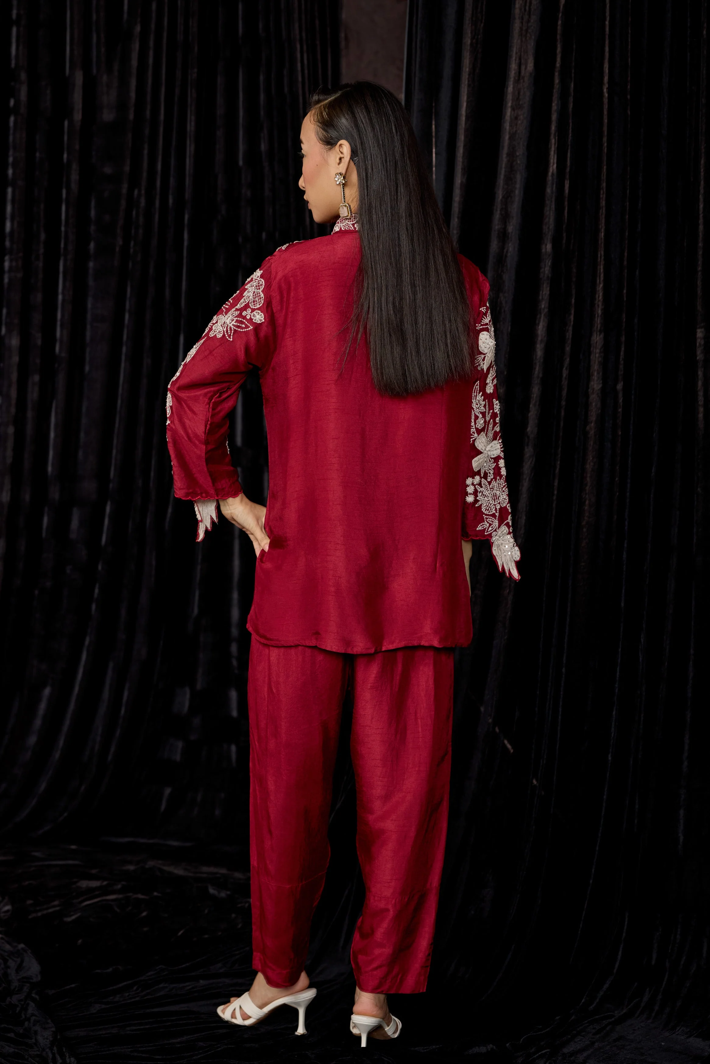 Deep Red Embroidered Raw Silk Co-Ord Set - Image 7