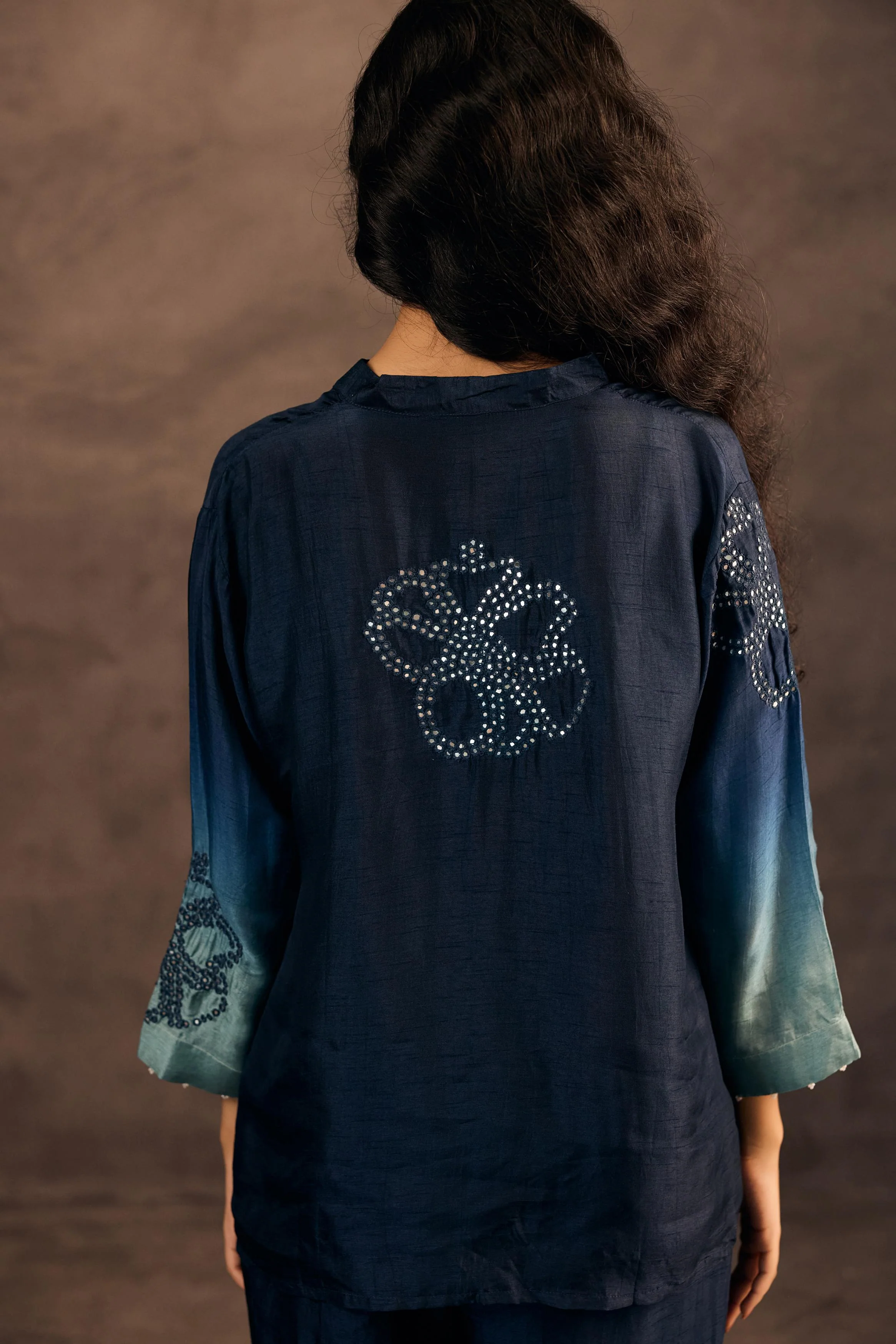 Midnight Teal Mist Embellished Raw Silk Co-Ord Set - Image 3