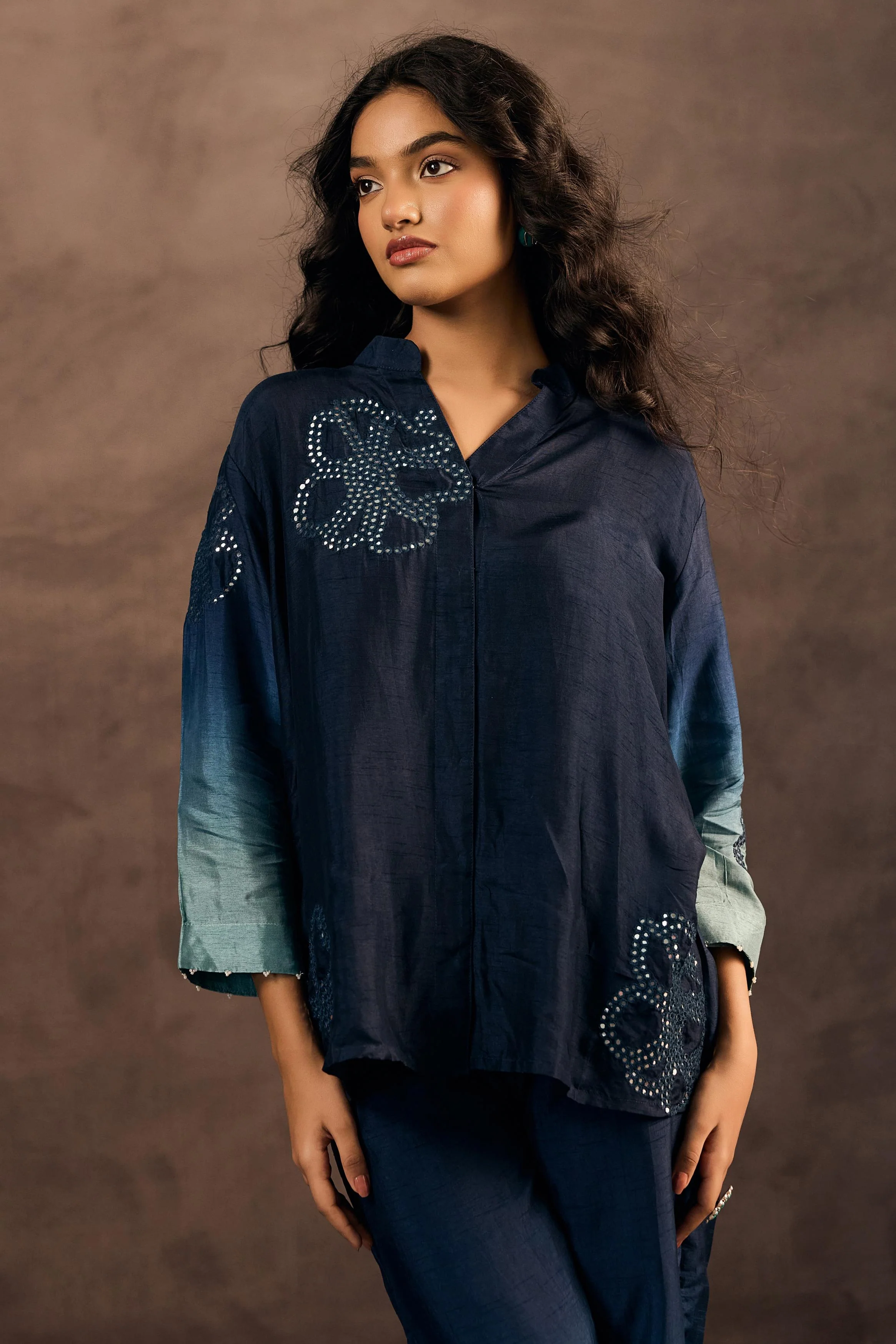 Midnight Teal Mist Embellished Raw Silk Co-Ord Set - Image 4