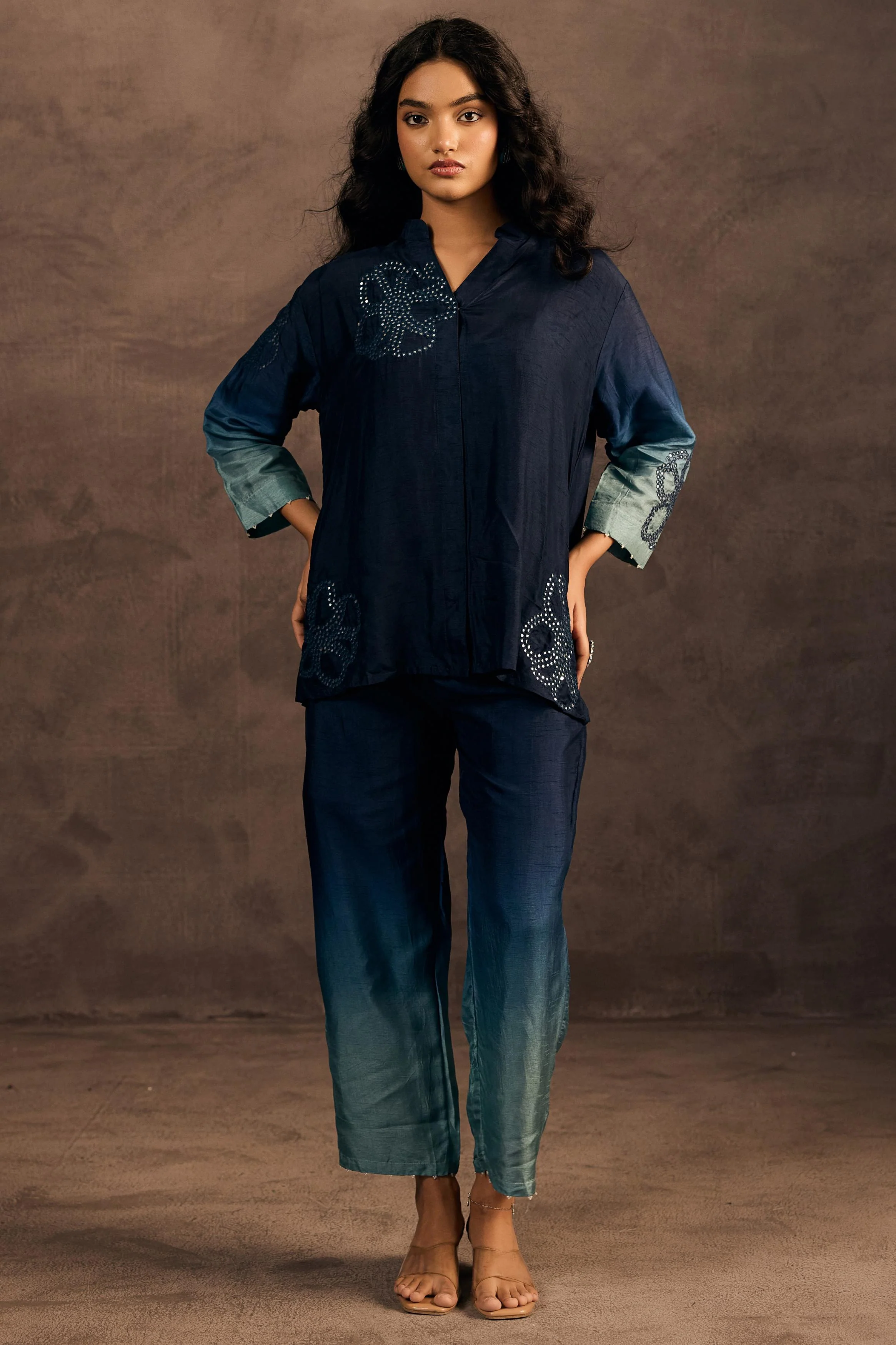 Midnight Teal Mist Embellished Raw Silk Co-Ord Set - Image 5