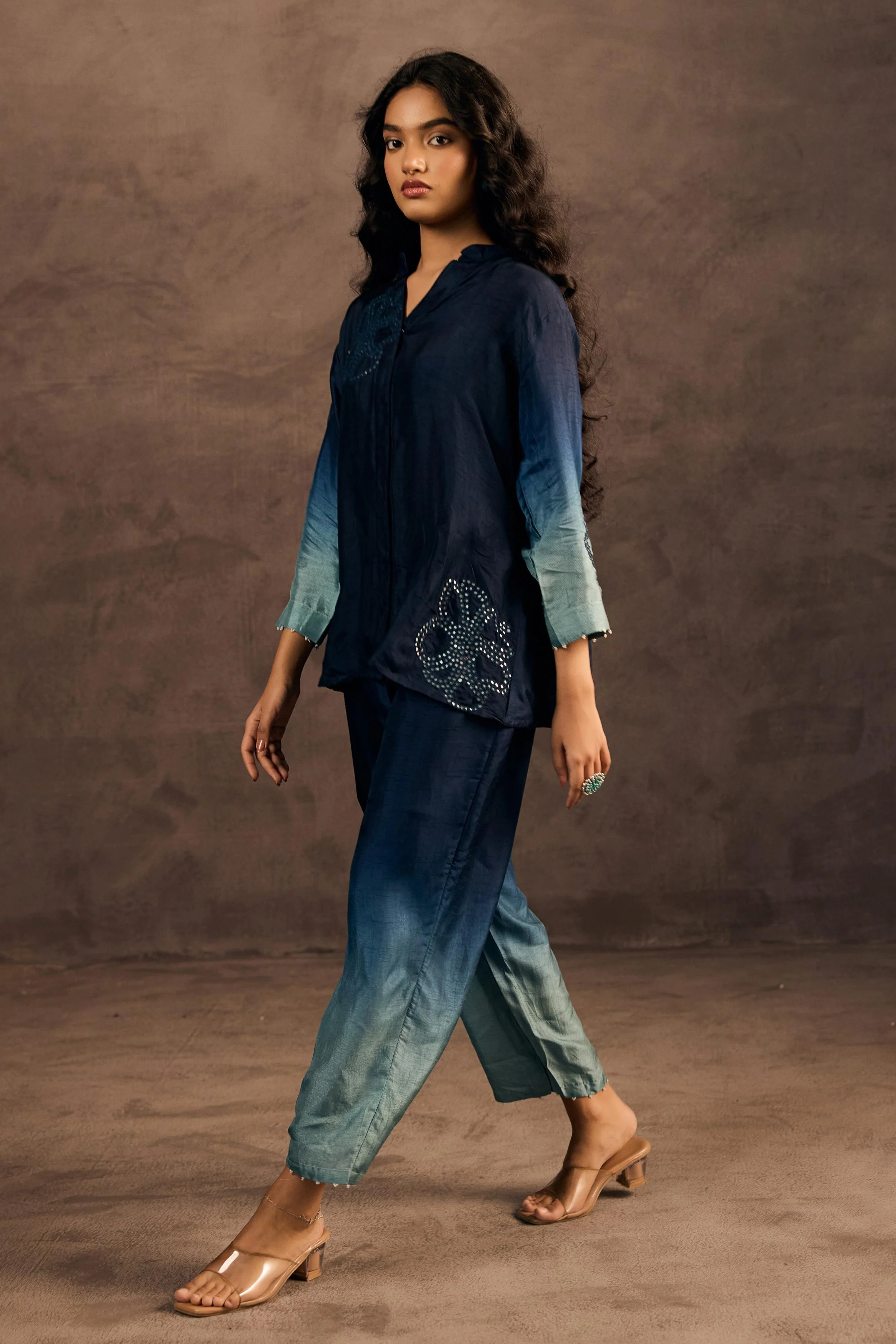 Midnight Teal Mist Embellished Raw Silk Co-Ord Set - Image 6