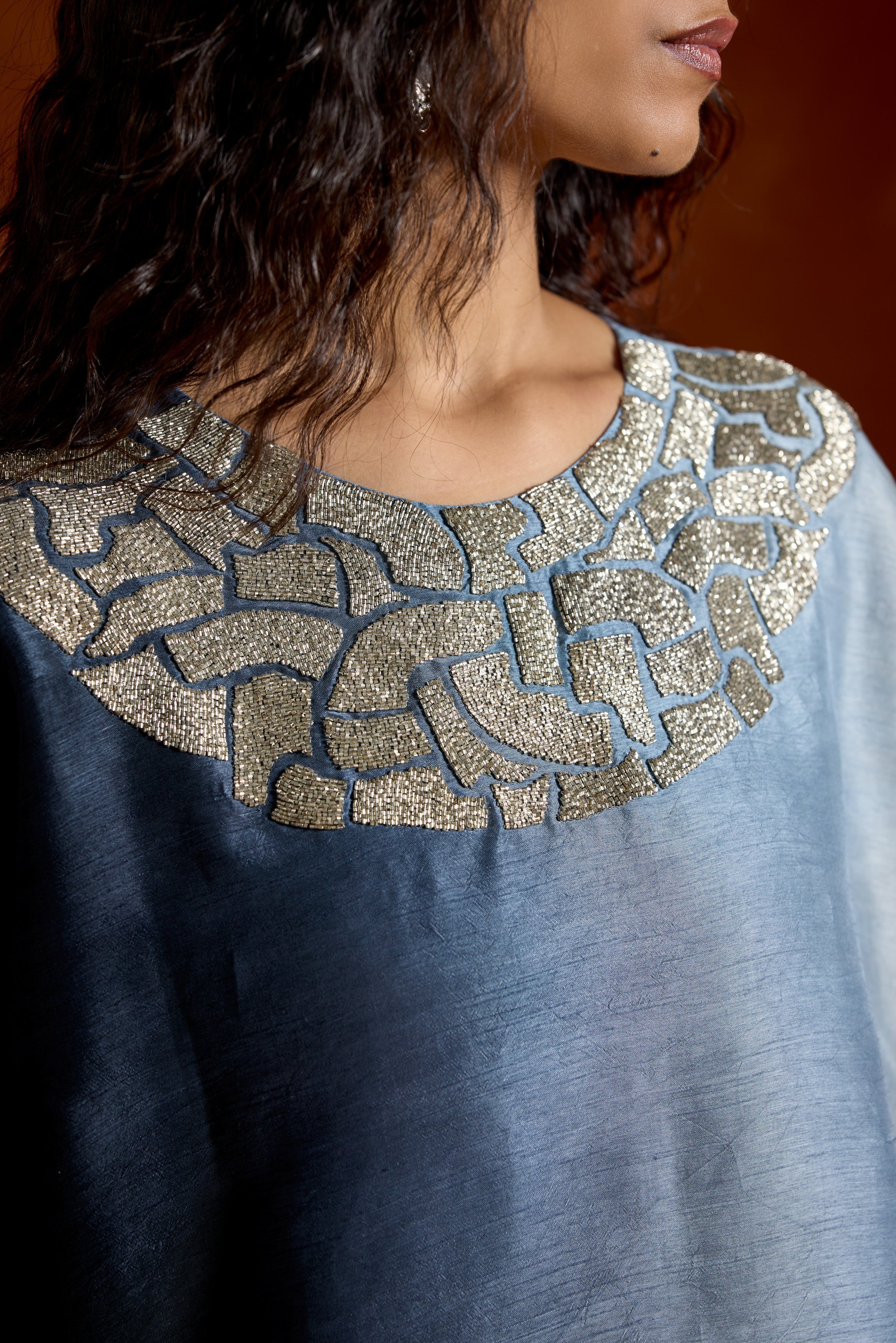 Smoky Blue Embellished Raw Silk Tunic Set - Image 2