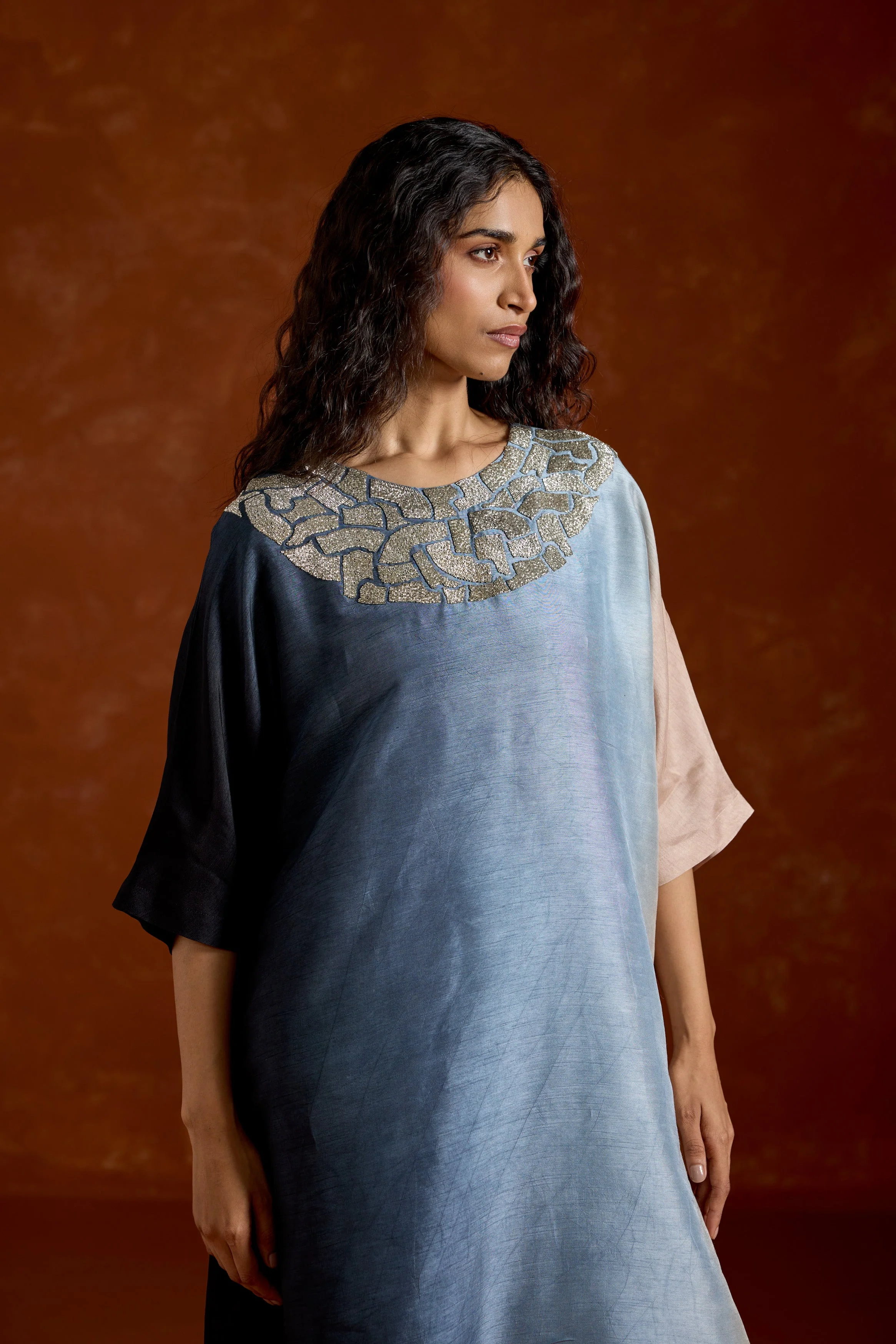 Smoky Blue Embellished Raw Silk Tunic Set - Image 3