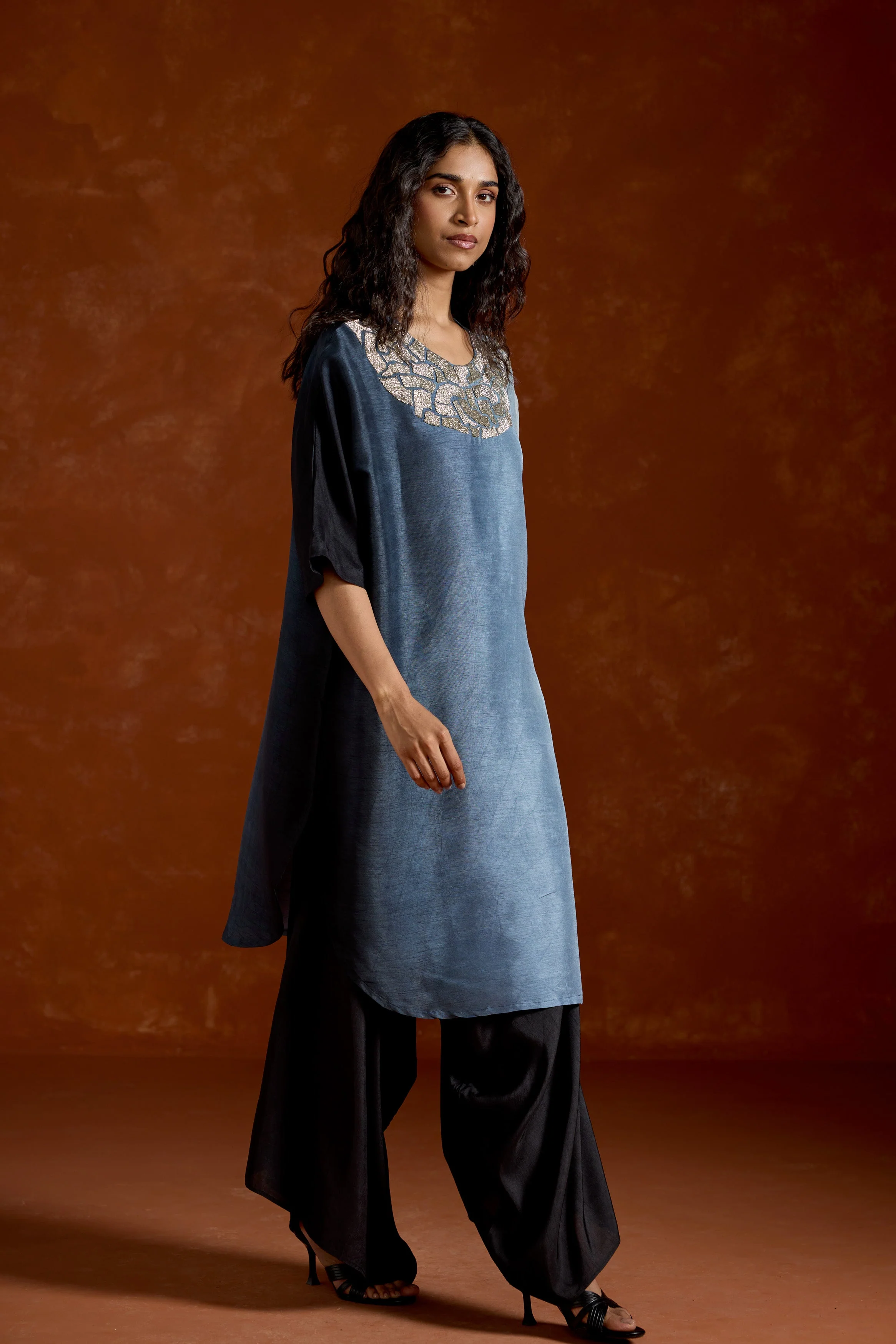 Smoky Blue Embellished Raw Silk Tunic Set - Image 4