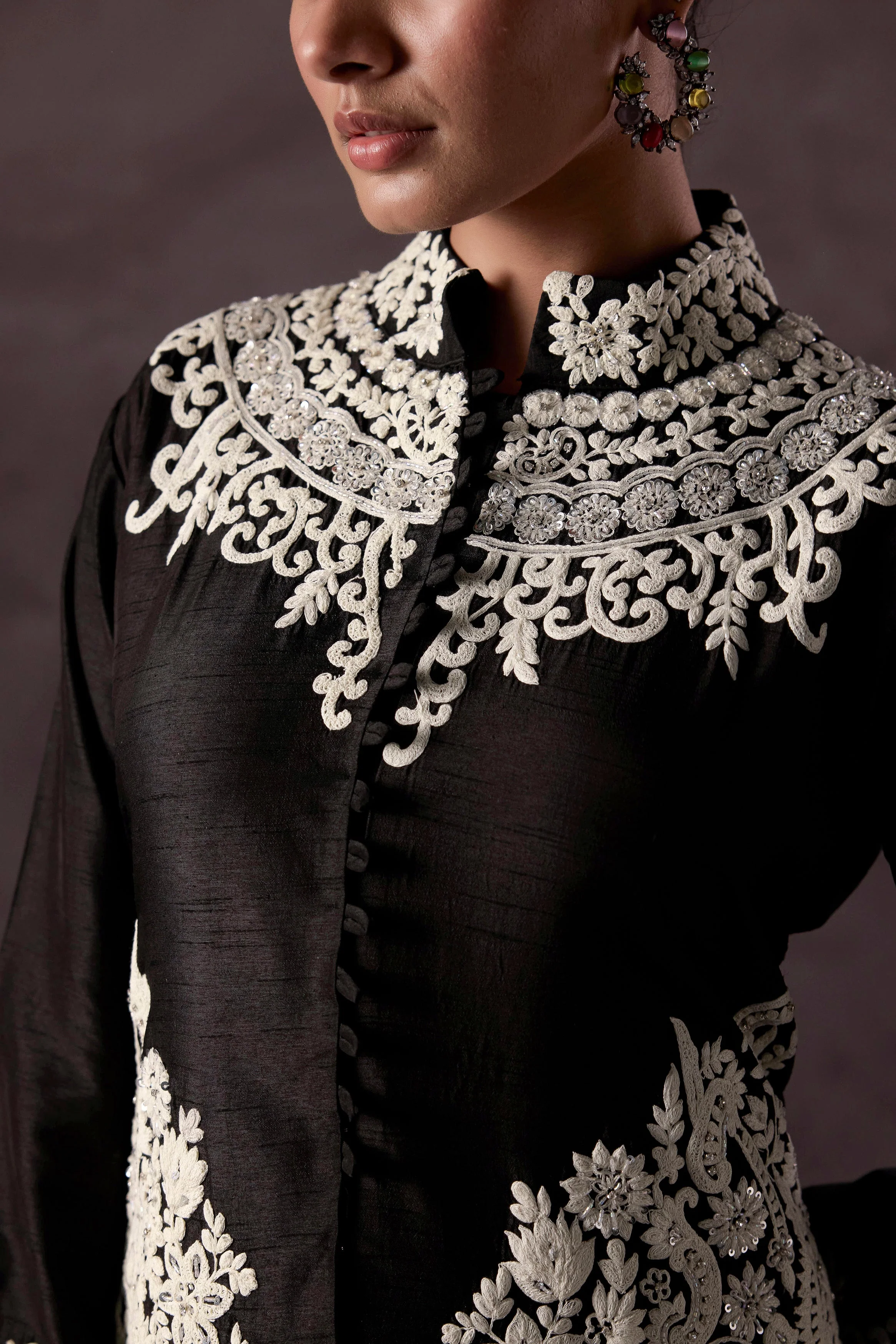 Classic Black Embellished Raw Silk Kurta Set - Image 2