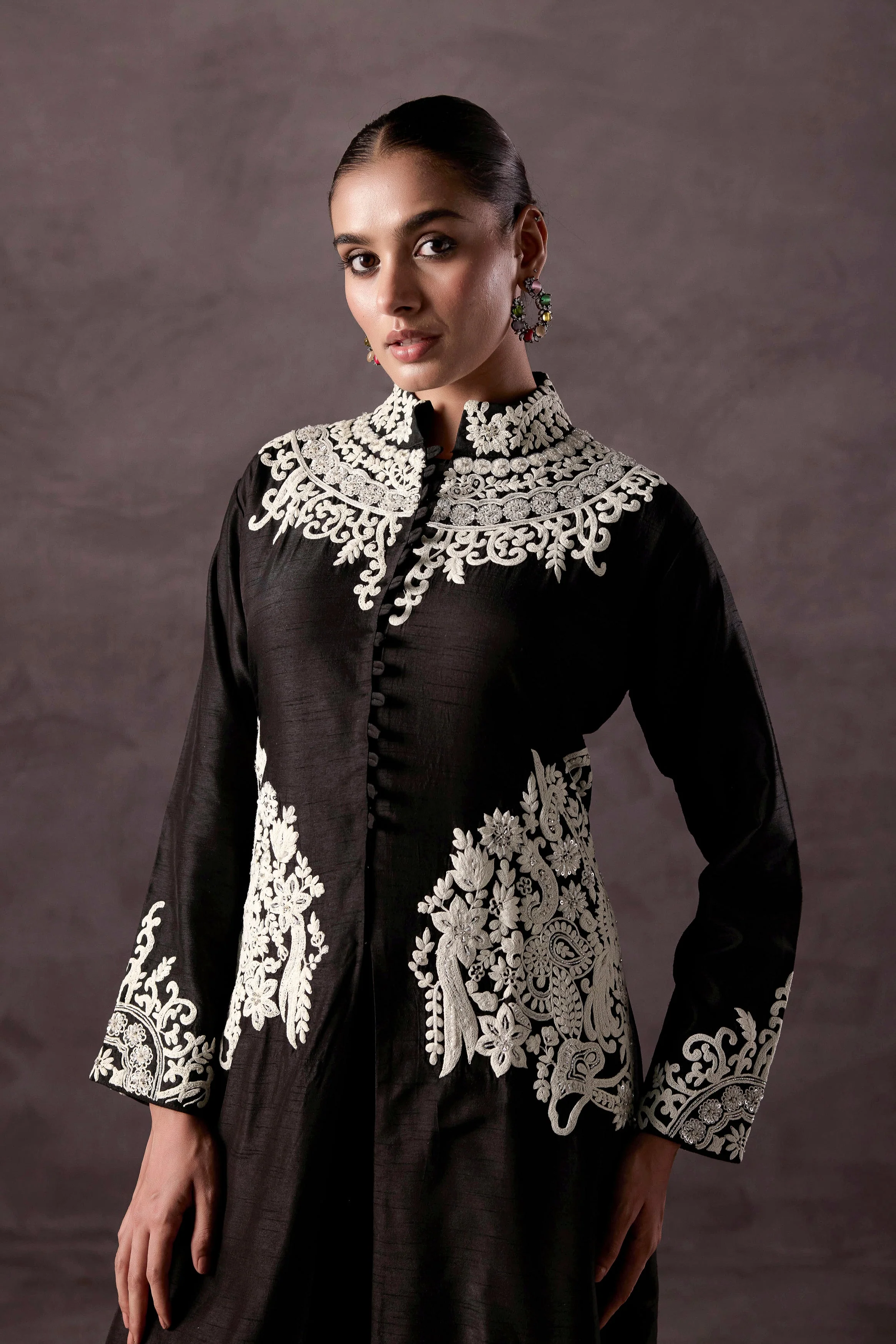 Classic Black Embellished Raw Silk Kurta Set - Image 4