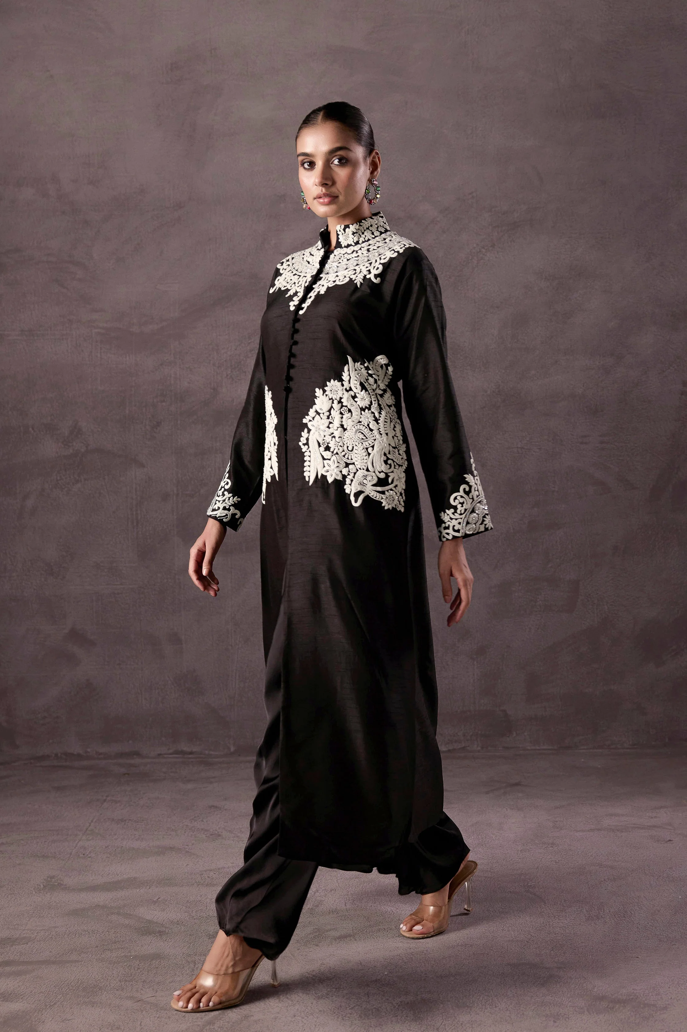 Classic Black Embellished Raw Silk Kurta Set - Image 6