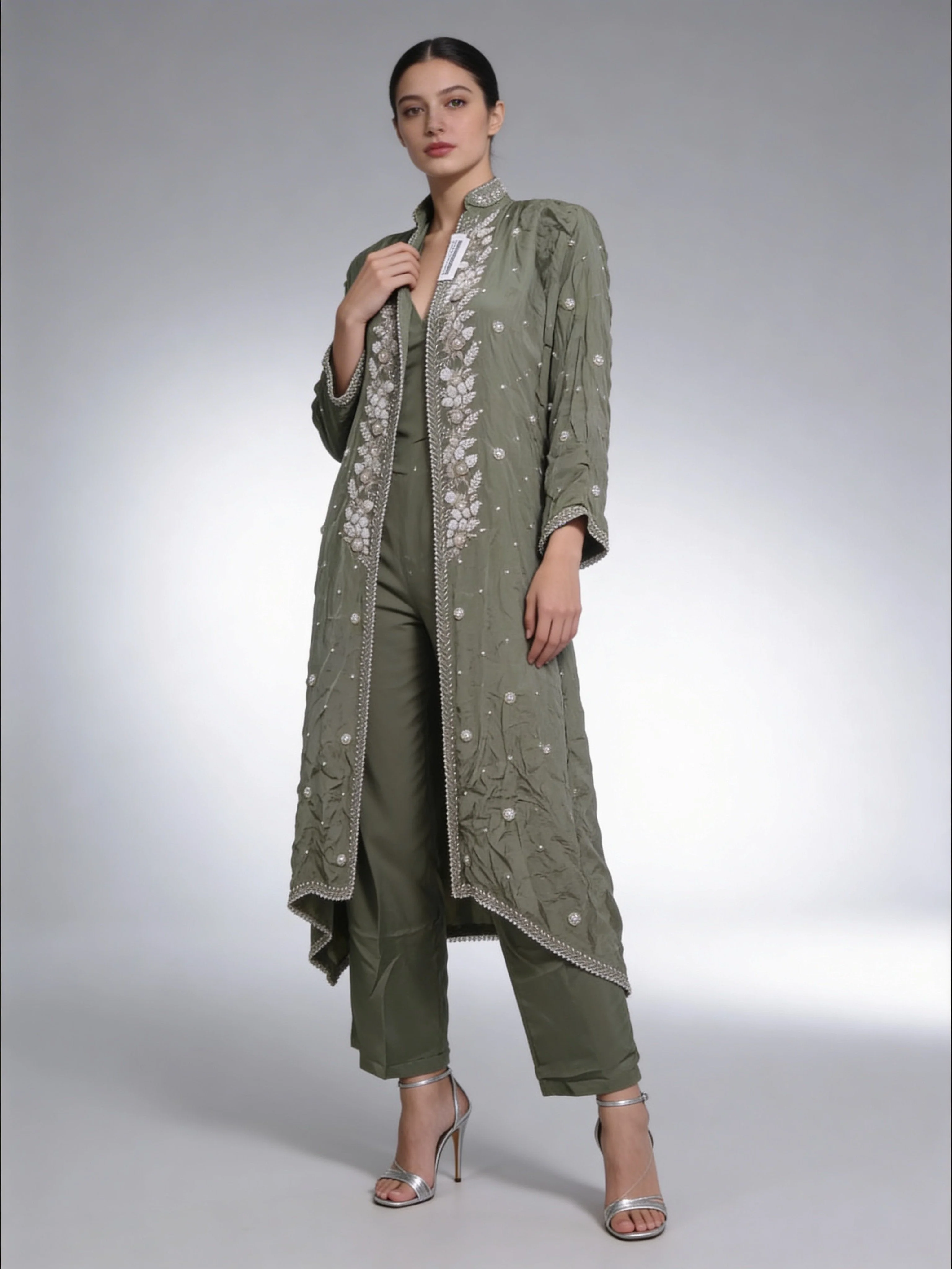 Olive Green Embellished Shimmer Tissue Silk Cape Set