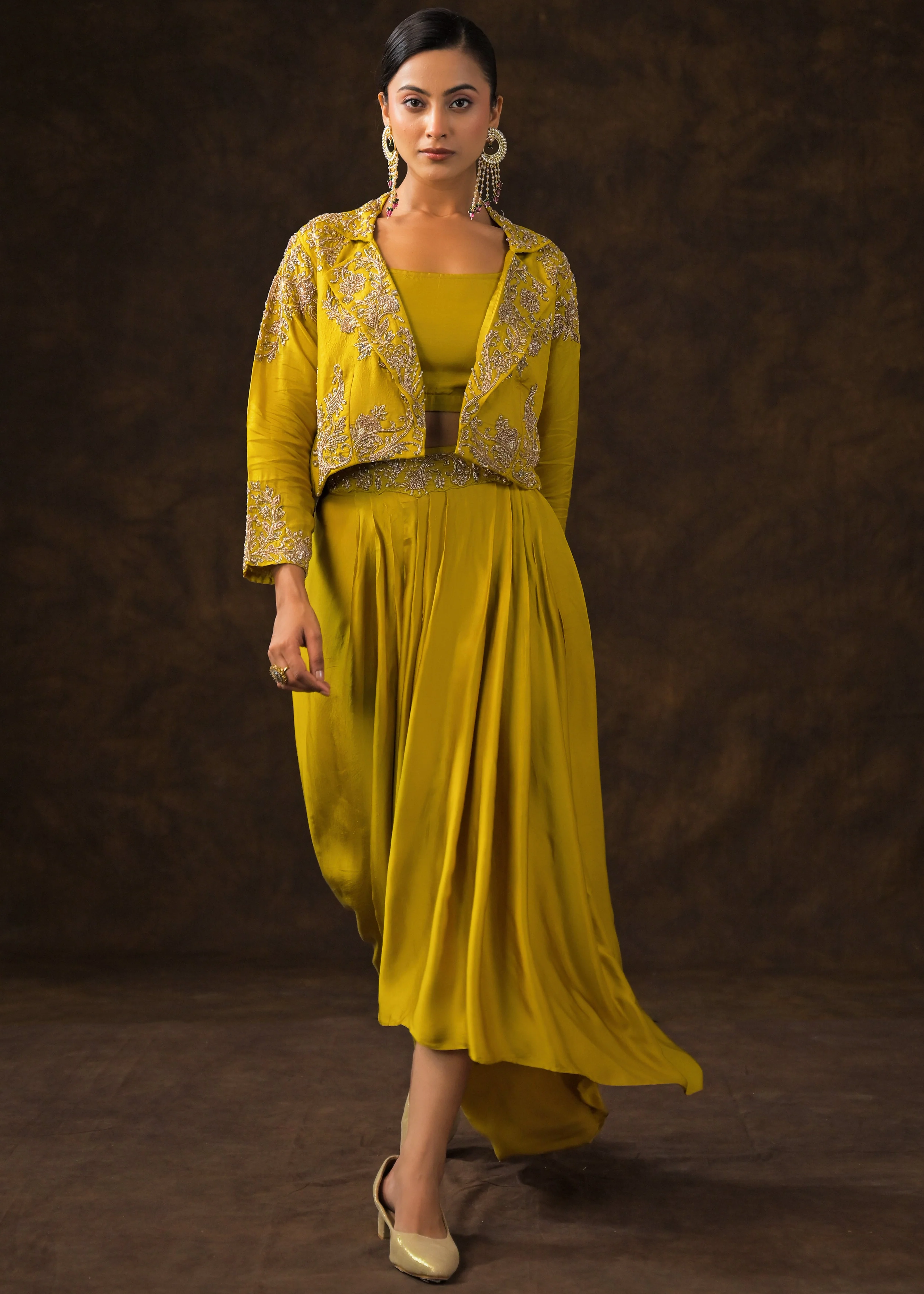 Mustard Green Embellished Raw Silk Skirt Set