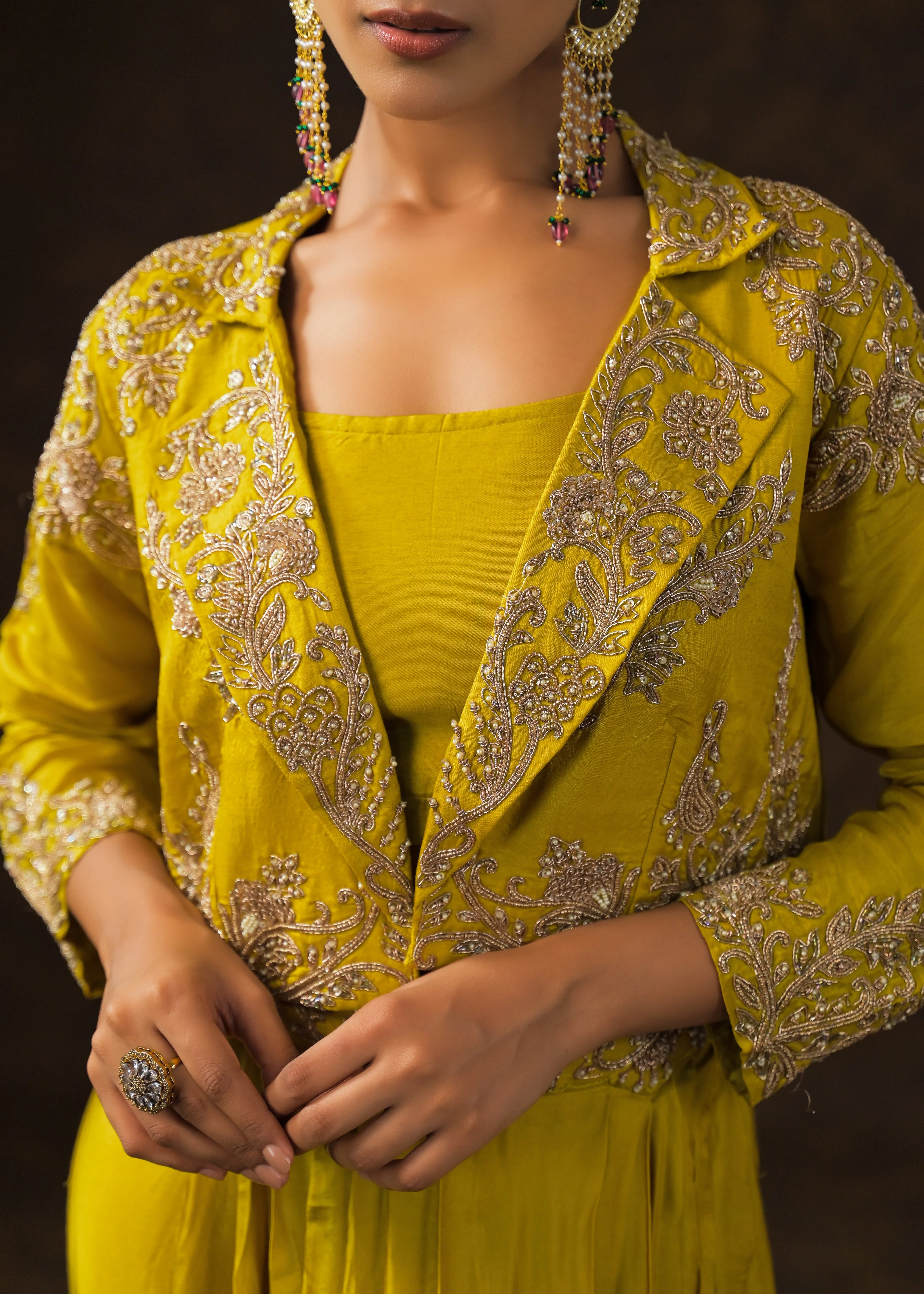 Mustard Green Embellished Raw Silk Skirt Set - Image 2