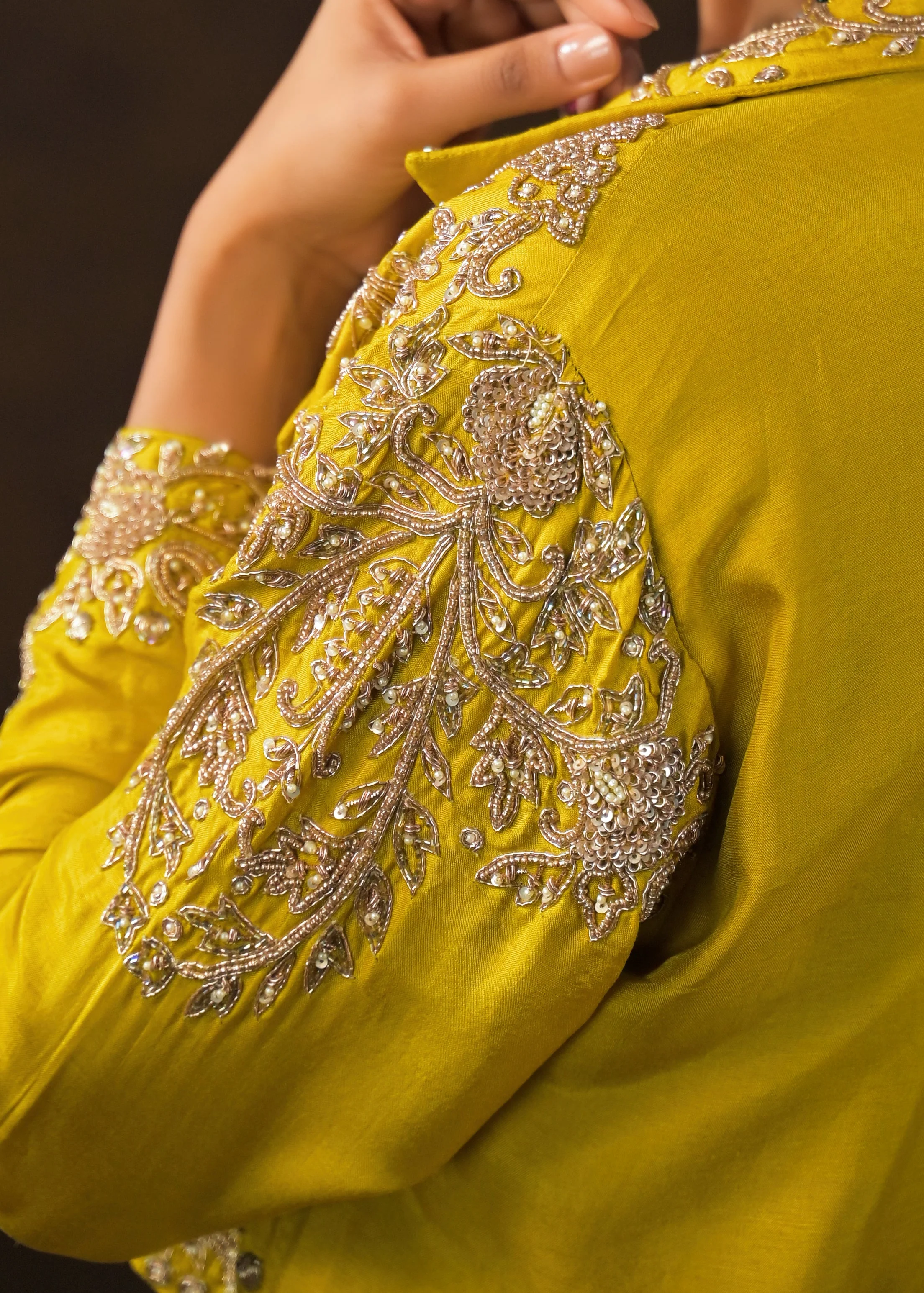 Mustard Green Embellished Raw Silk Skirt Set - Image 3