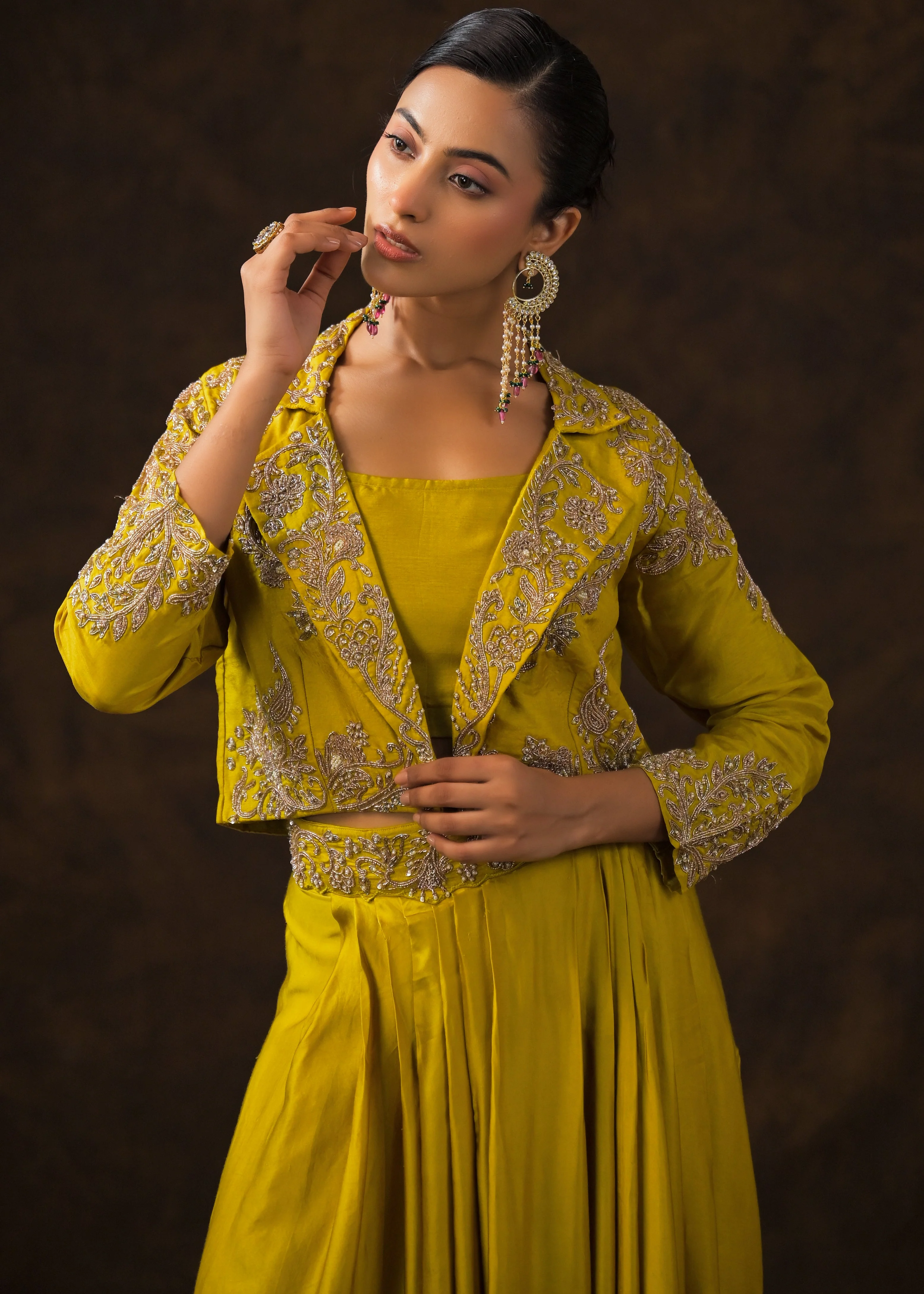 Mustard Green Embellished Raw Silk Skirt Set - Image 4