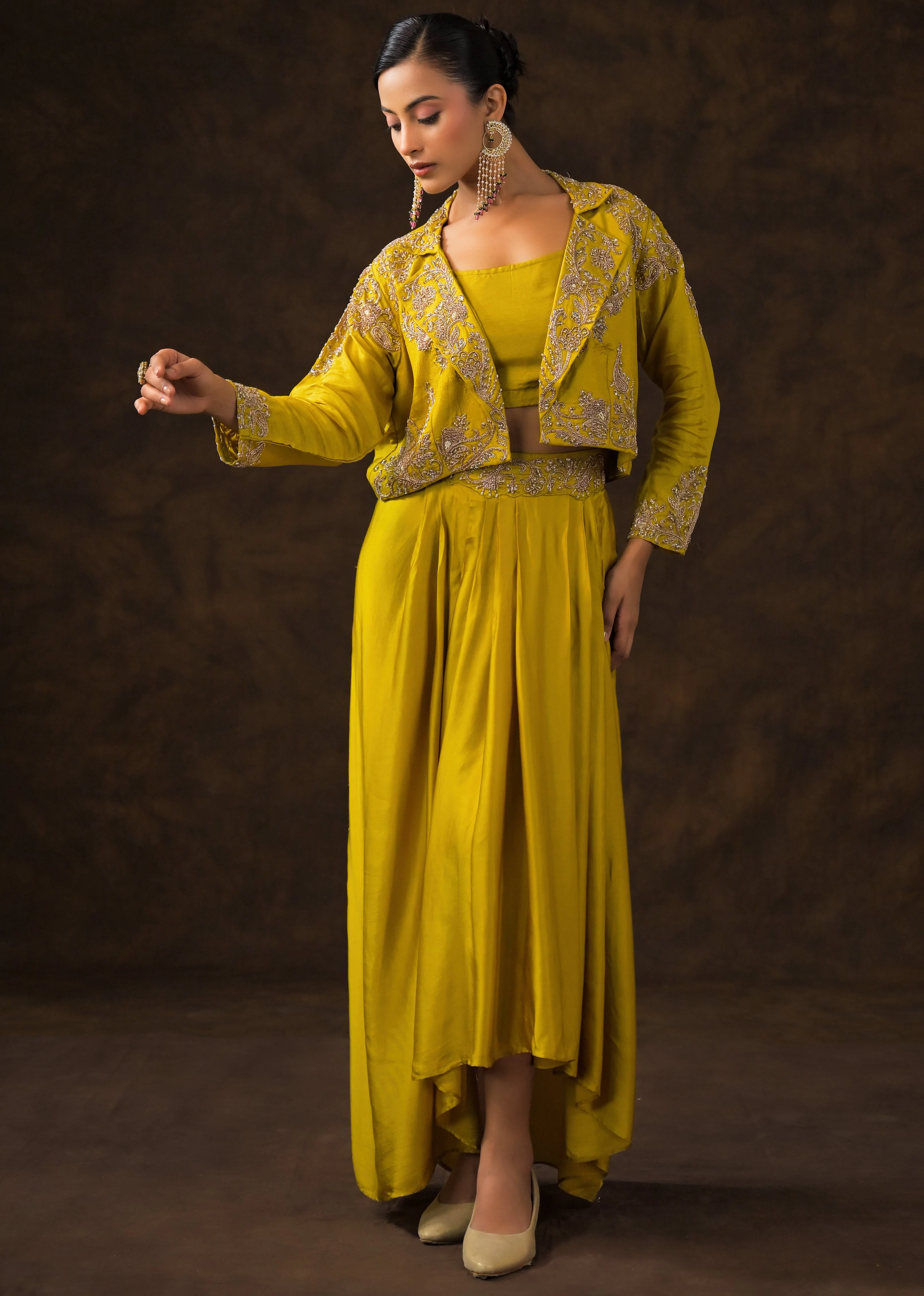 Mustard Green Embellished Raw Silk Skirt Set - Image 5