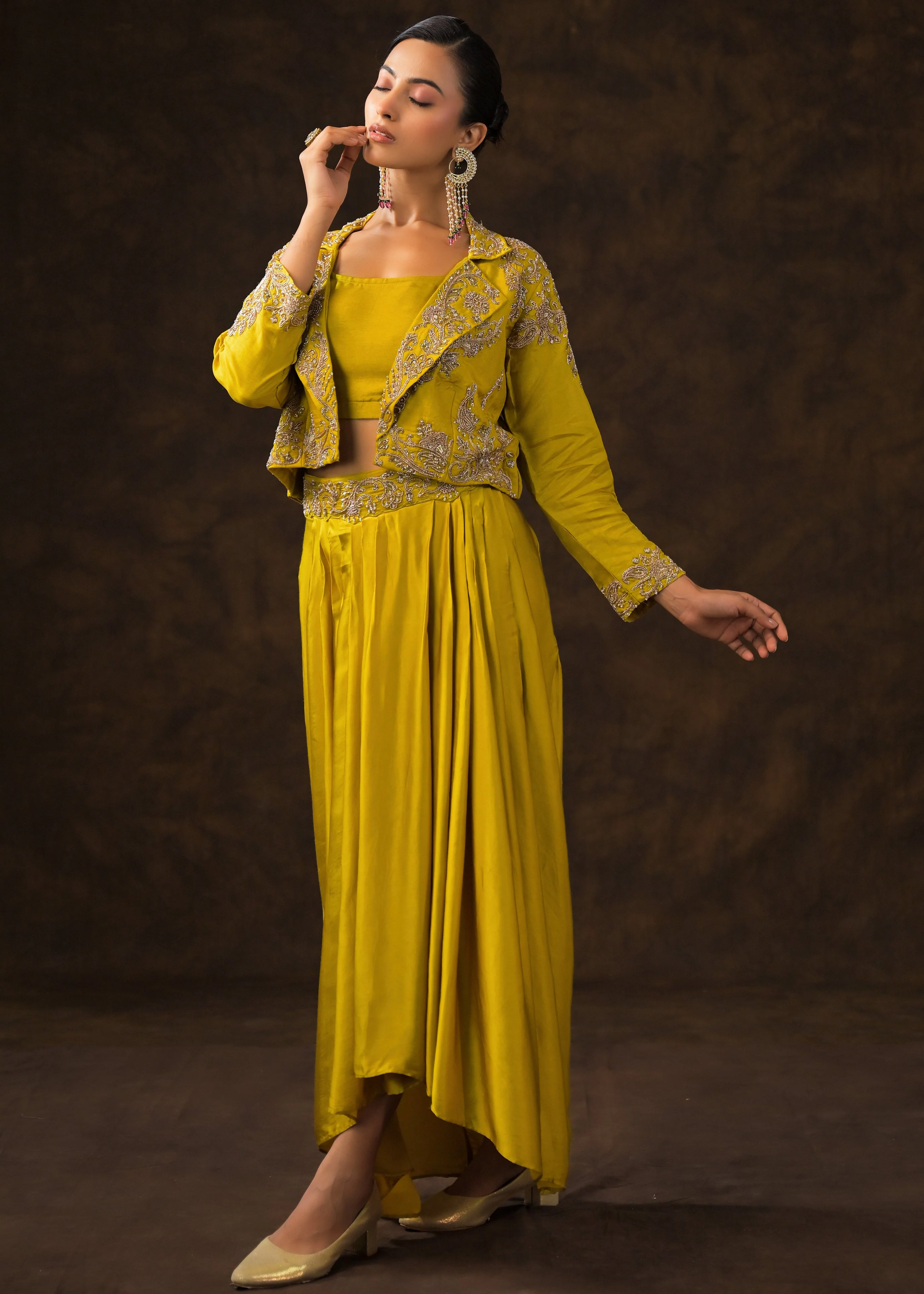 Mustard Green Embellished Raw Silk Skirt Set - Image 6