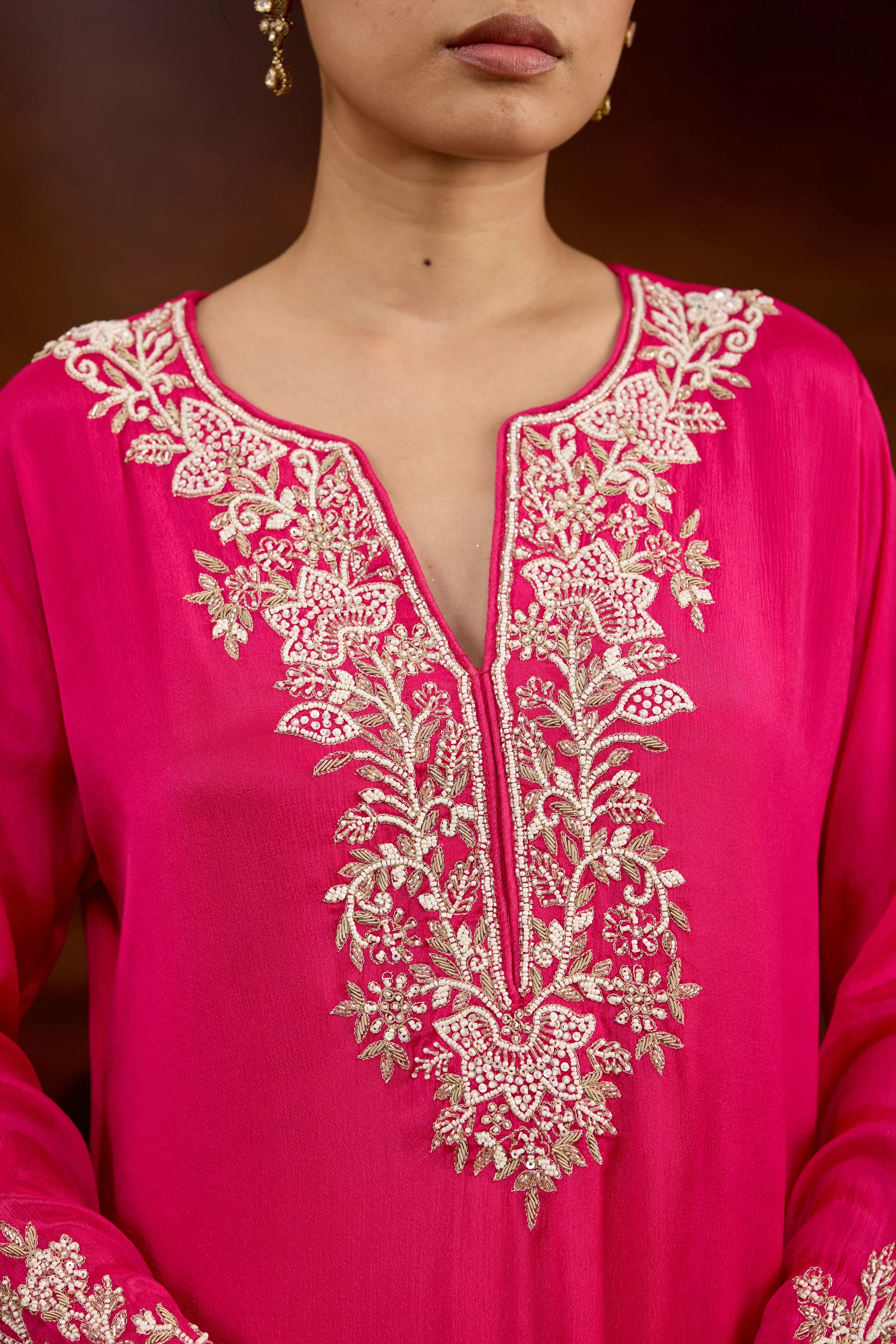 Fuchsia Pink Embellished Chinon Silk Skirt Set - Image 2