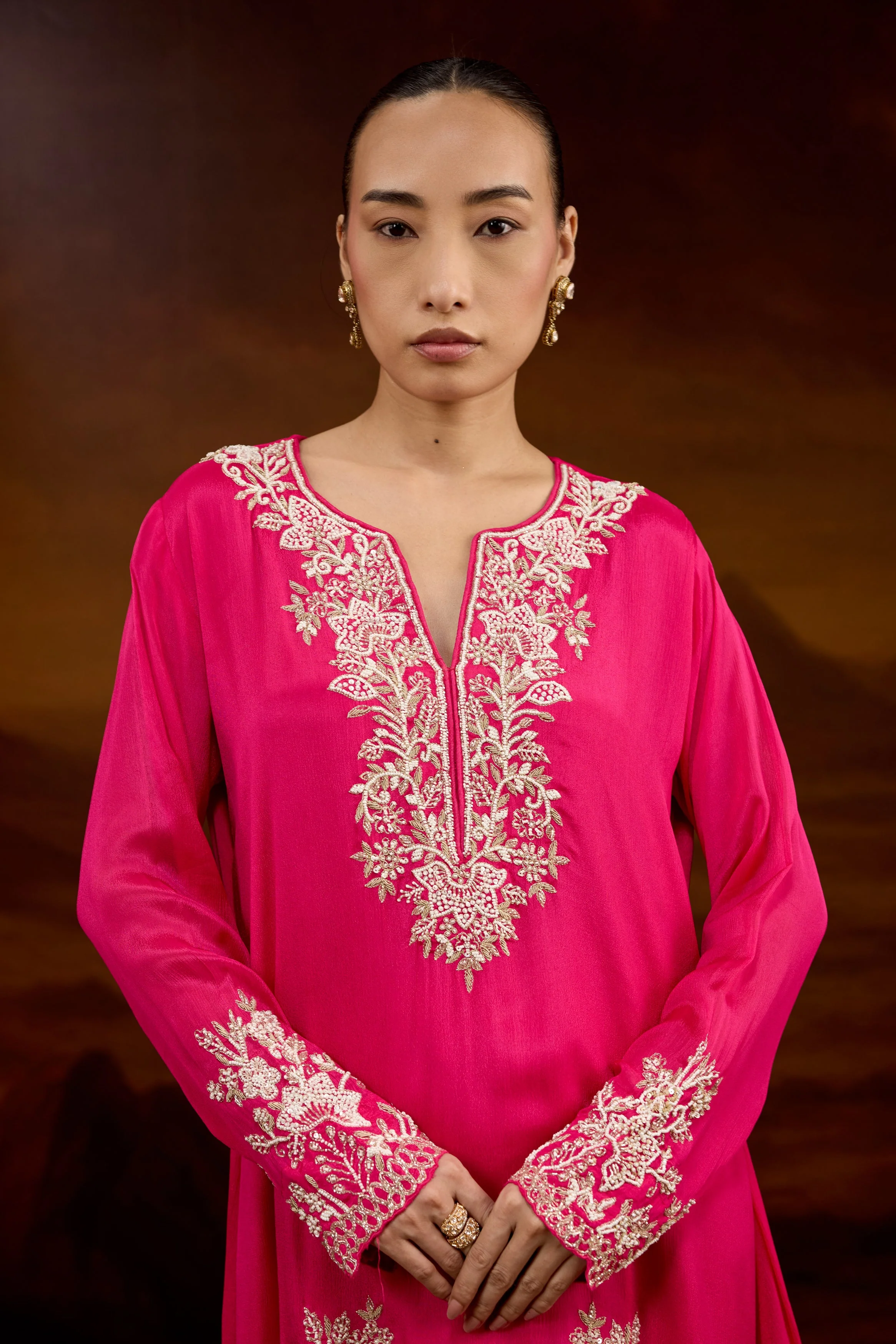 Fuchsia Pink Embellished Chinon Silk Skirt Set - Image 3