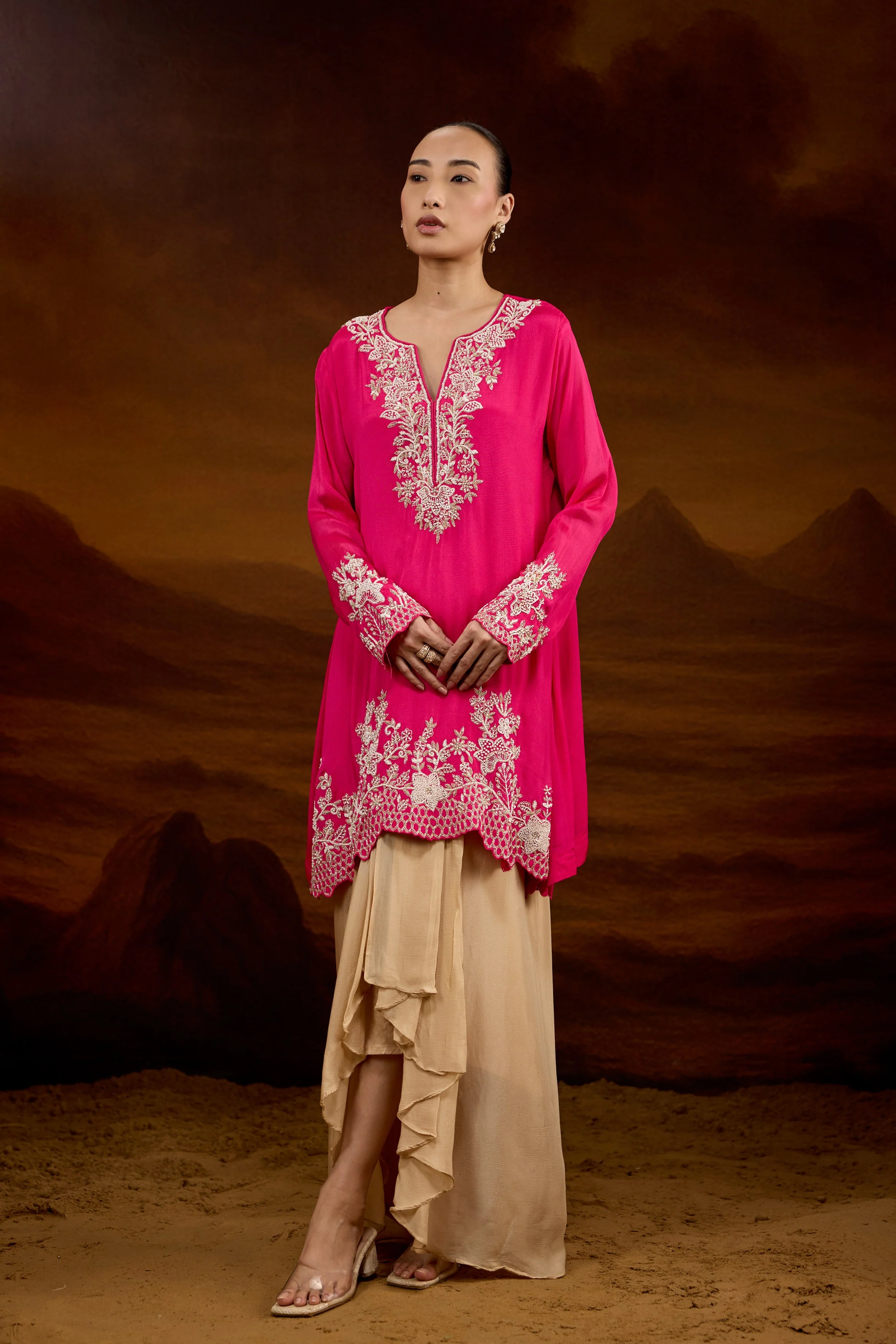 Fuchsia Pink Embellished Chinon Silk Skirt Set - Image 4