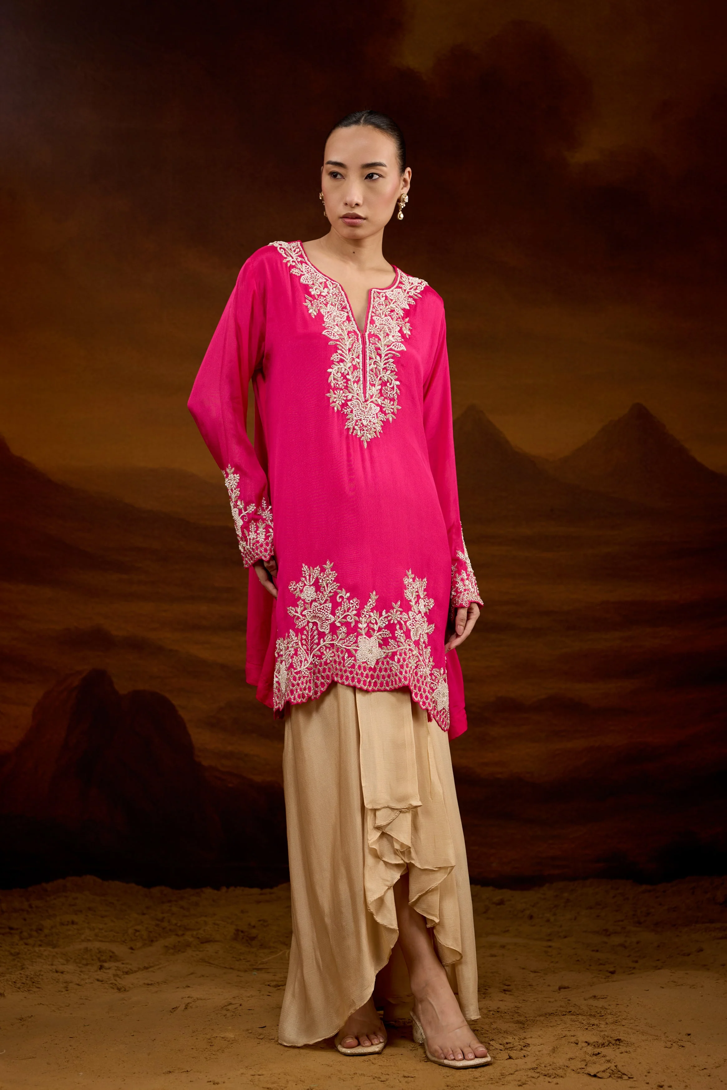 Fuchsia Pink Embellished Chinon Silk Skirt Set - Image 5