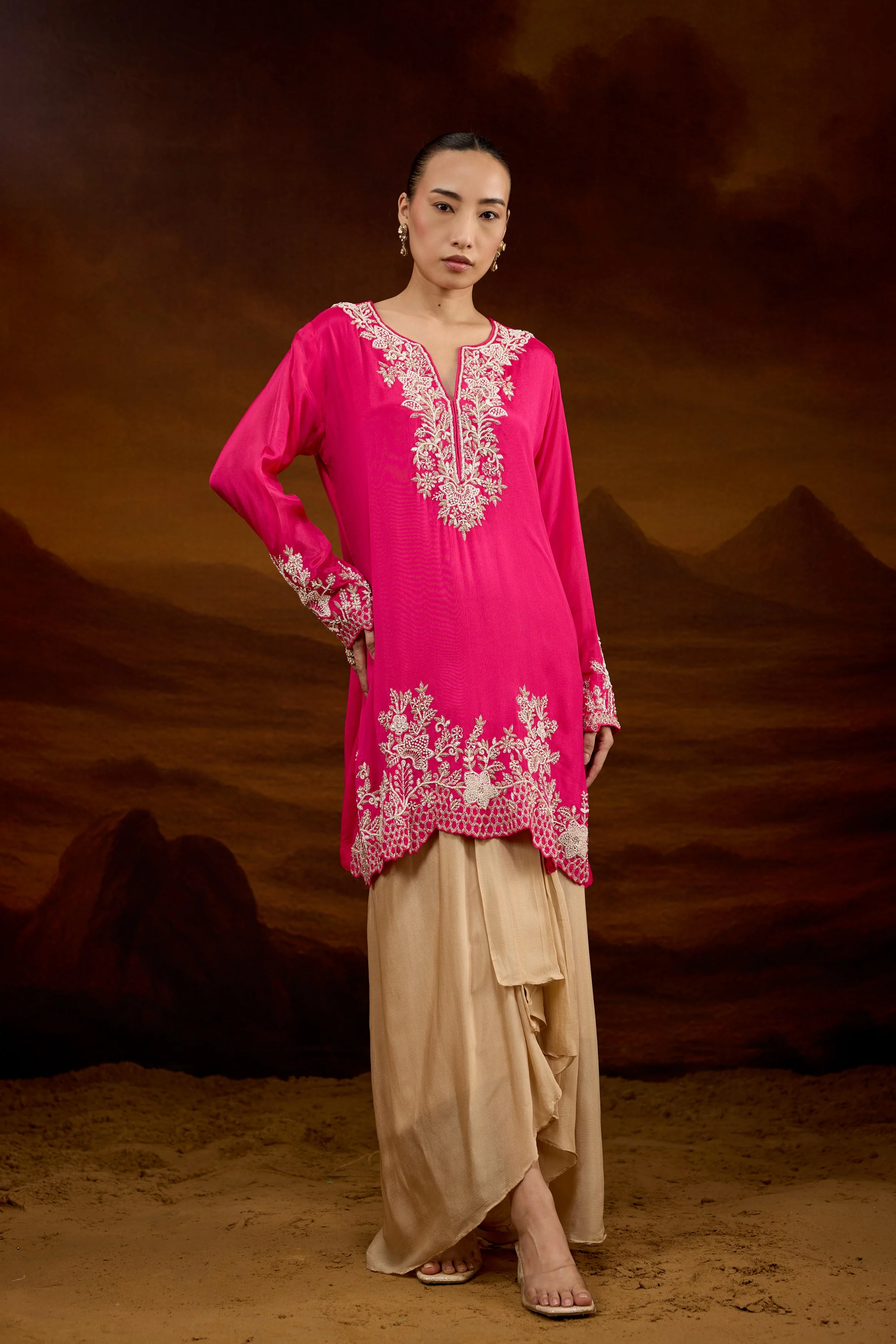 Fuchsia Pink Embellished Chinon Silk Skirt Set - Image 6