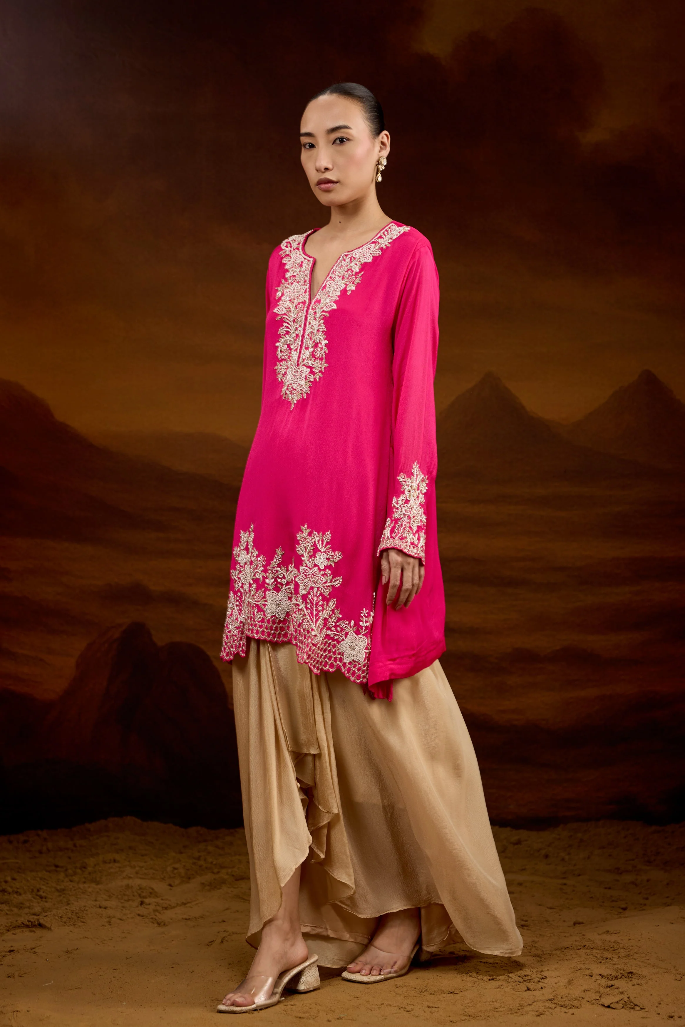 Fuchsia Pink Embellished Chinon Silk Skirt Set - Image 7