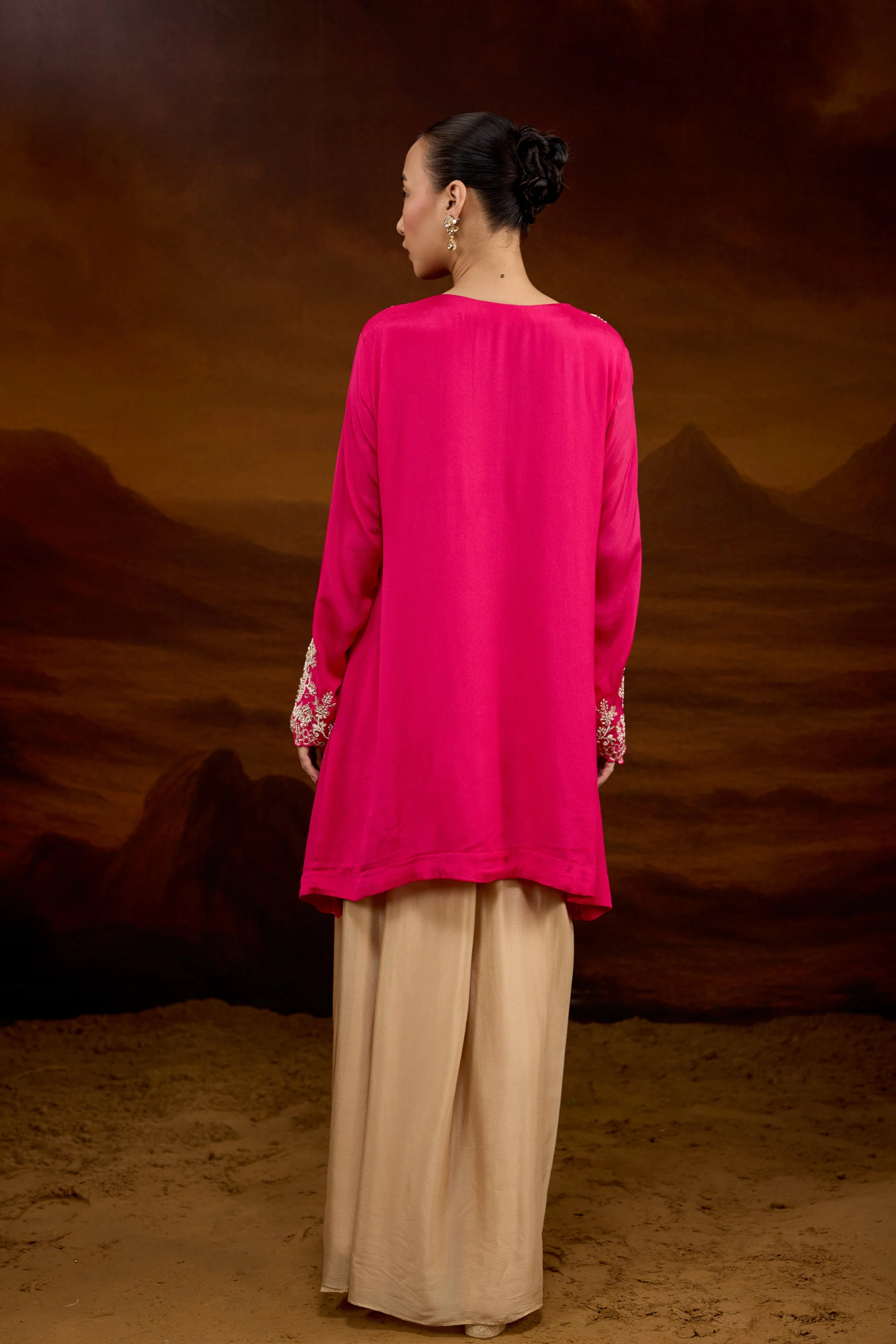 Fuchsia Pink Embellished Chinon Silk Skirt Set - Image 8