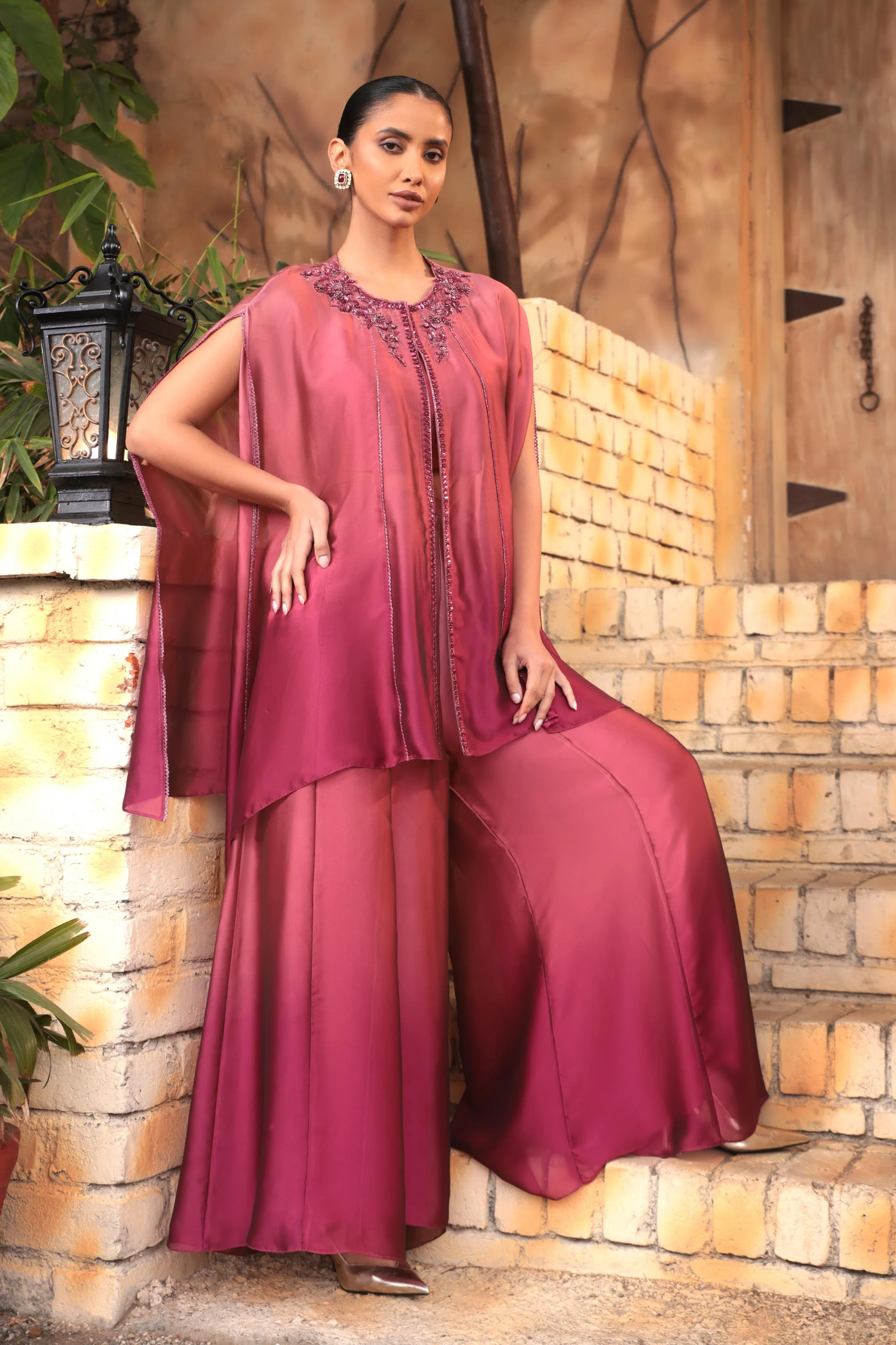 Blush Maroon Ombre-Dyed Satin Silk Cape Set - Image 3