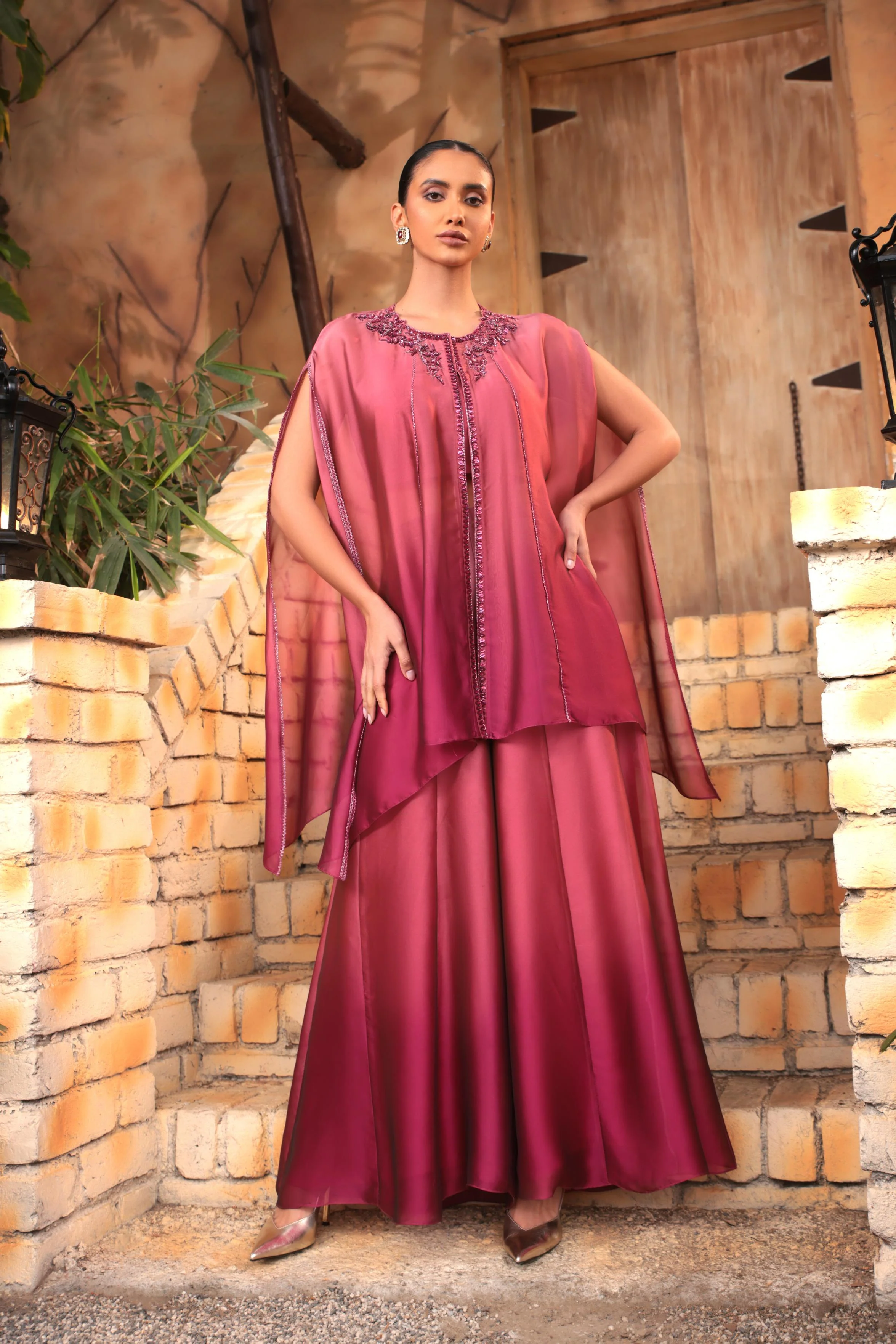 Blush Maroon Ombre-Dyed Satin Silk Cape Set - Image 4