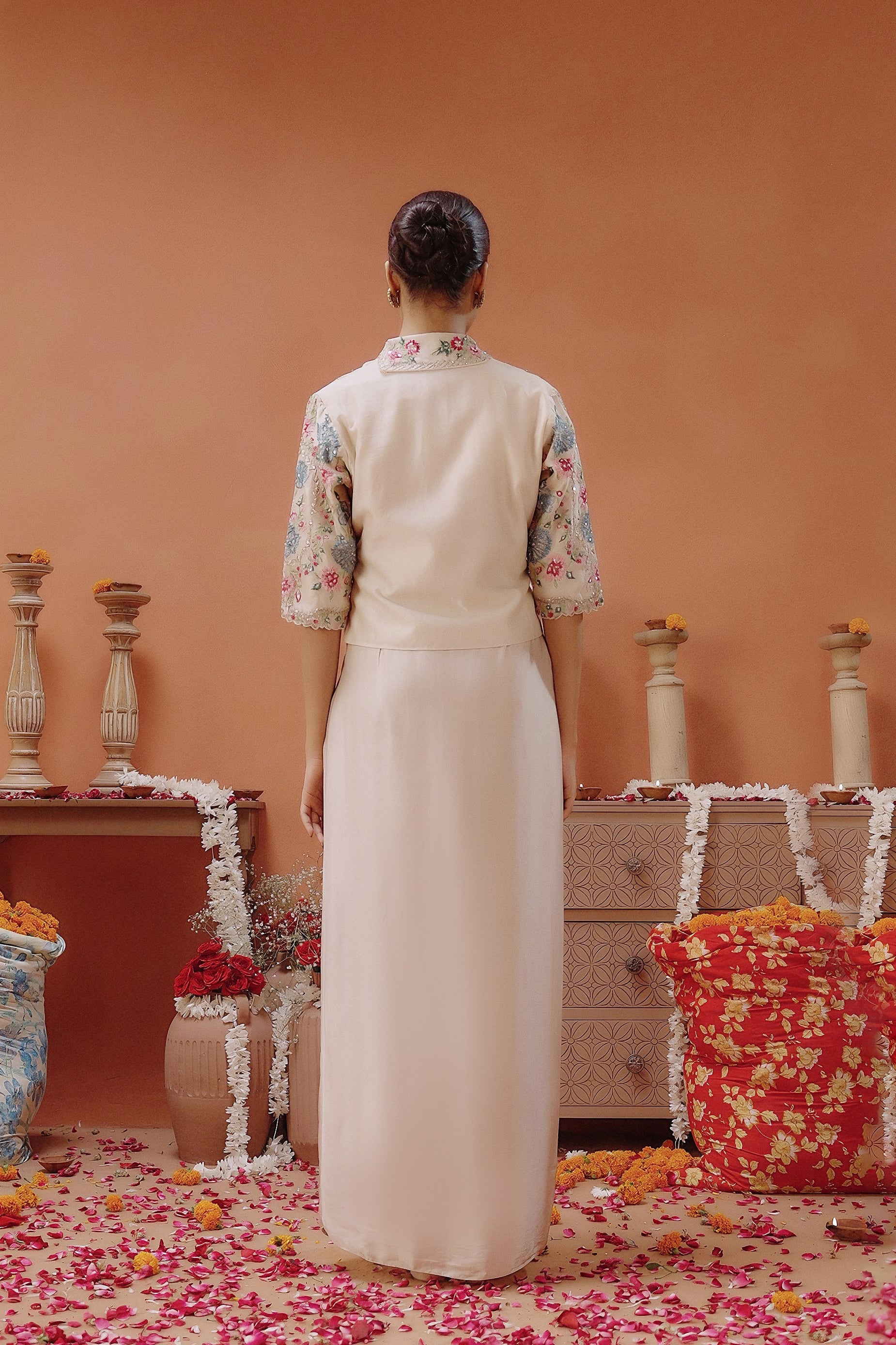 Champagne Beige Embellished Satin Silk Drape Skirt With Jacket - Image 7