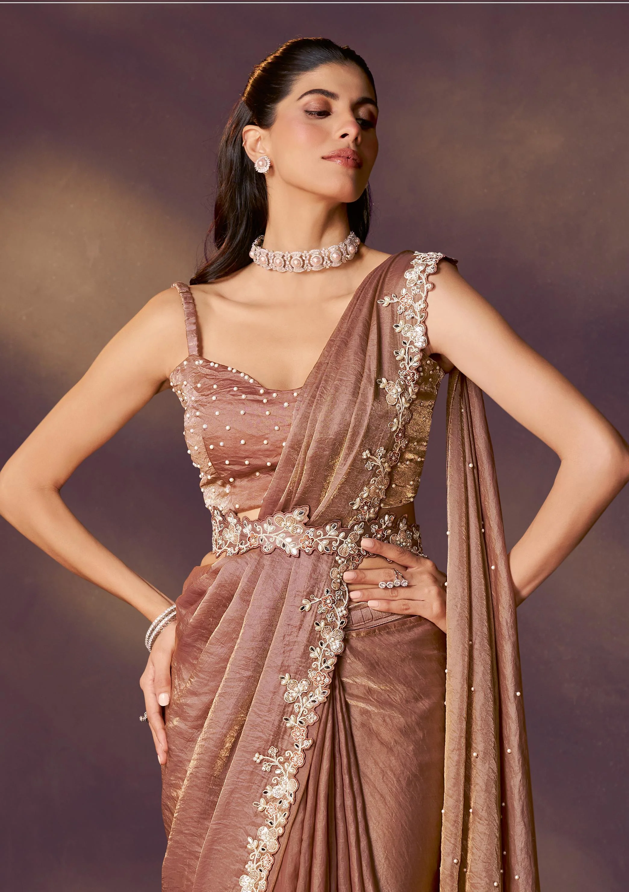 Bronze Embellished Satin Silk Draped Saree - Image 3