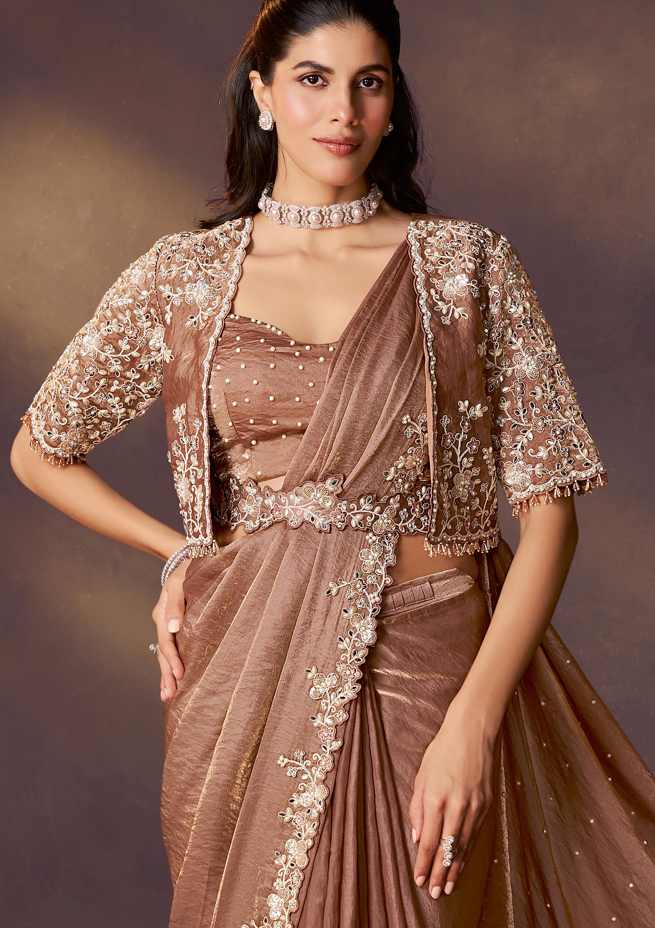 Bronze Embellished Satin Silk Draped Saree - Image 4