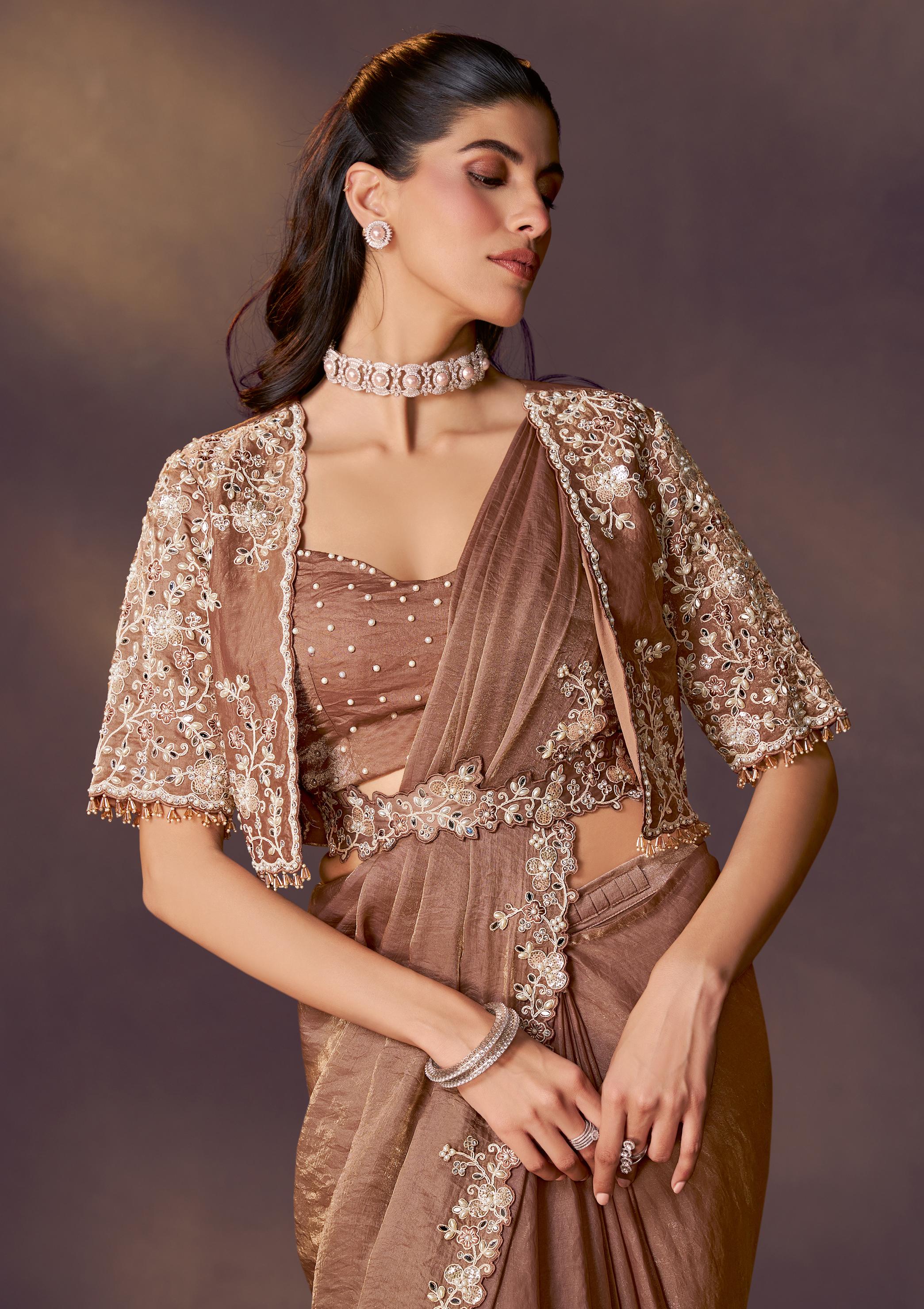 Bronze Embellished Satin Silk Draped Saree - Image 5