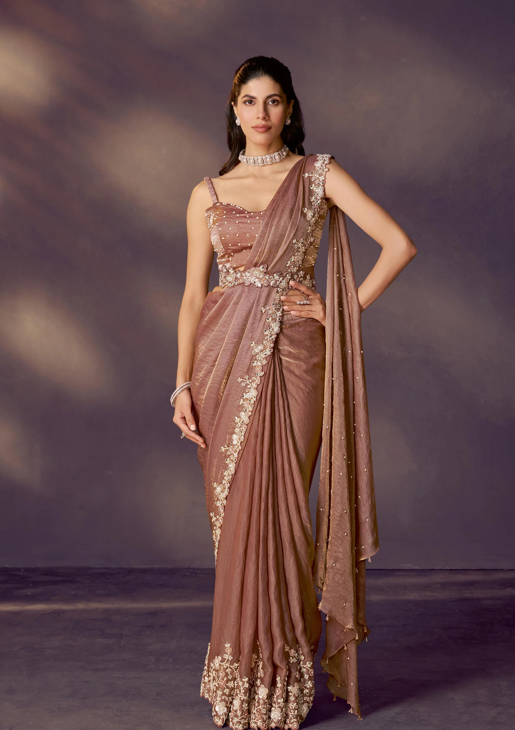 Bronze Embellished Satin Silk Draped Saree - Image 6
