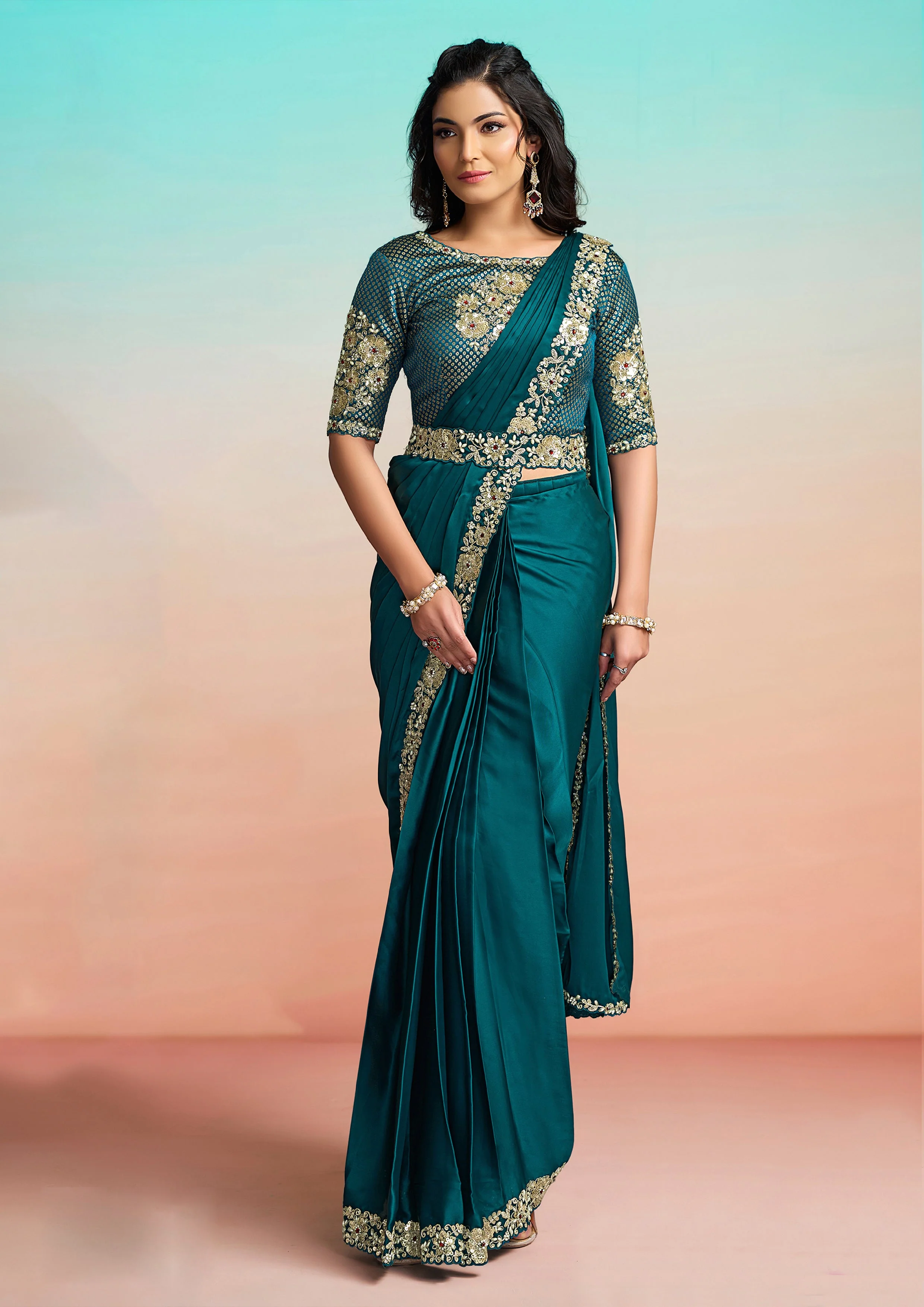 Peacock Blue Embellished Satin Silk Draped Saree