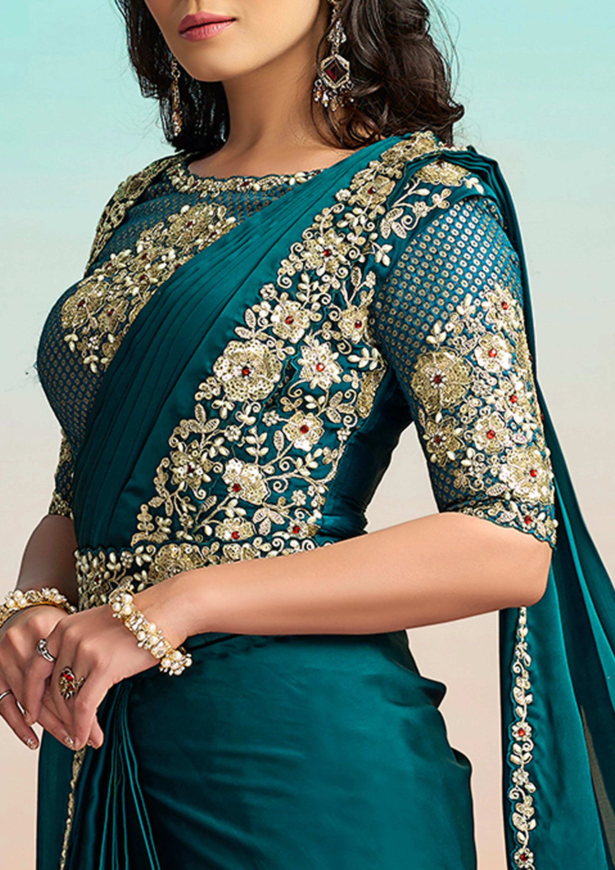Peacock Blue Embellished Satin Silk Draped Saree - Image 2