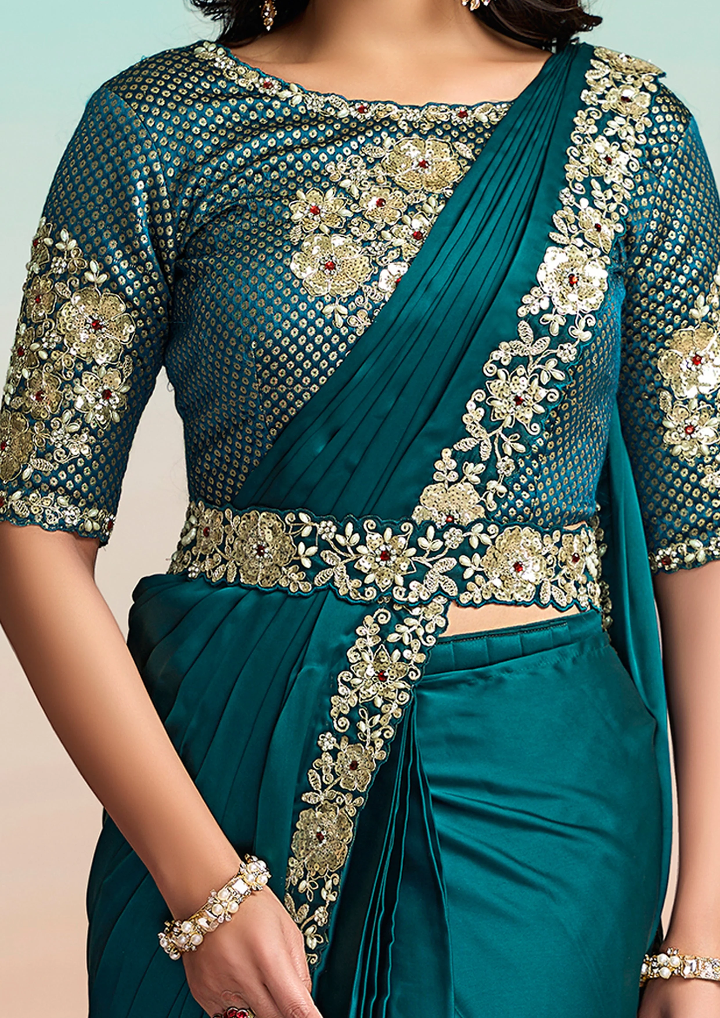 Peacock Blue Embellished Satin Silk Draped Saree - Image 3