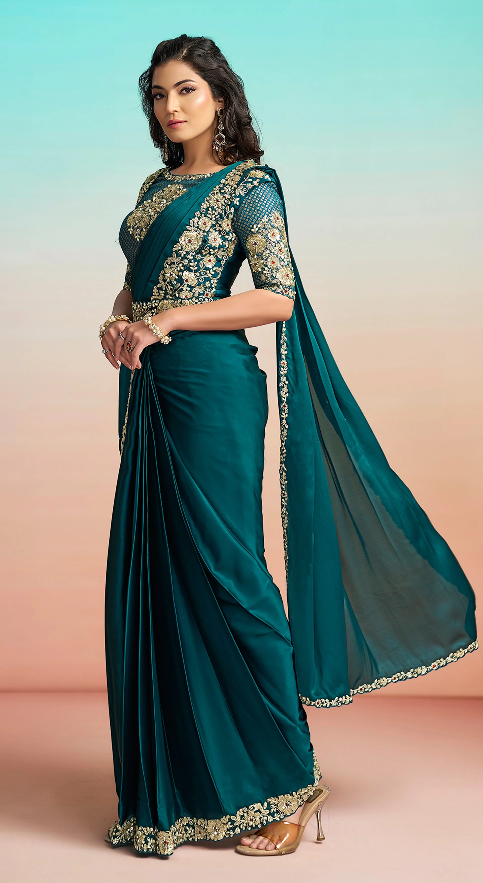 Peacock Blue Embellished Satin Silk Draped Saree - Image 4