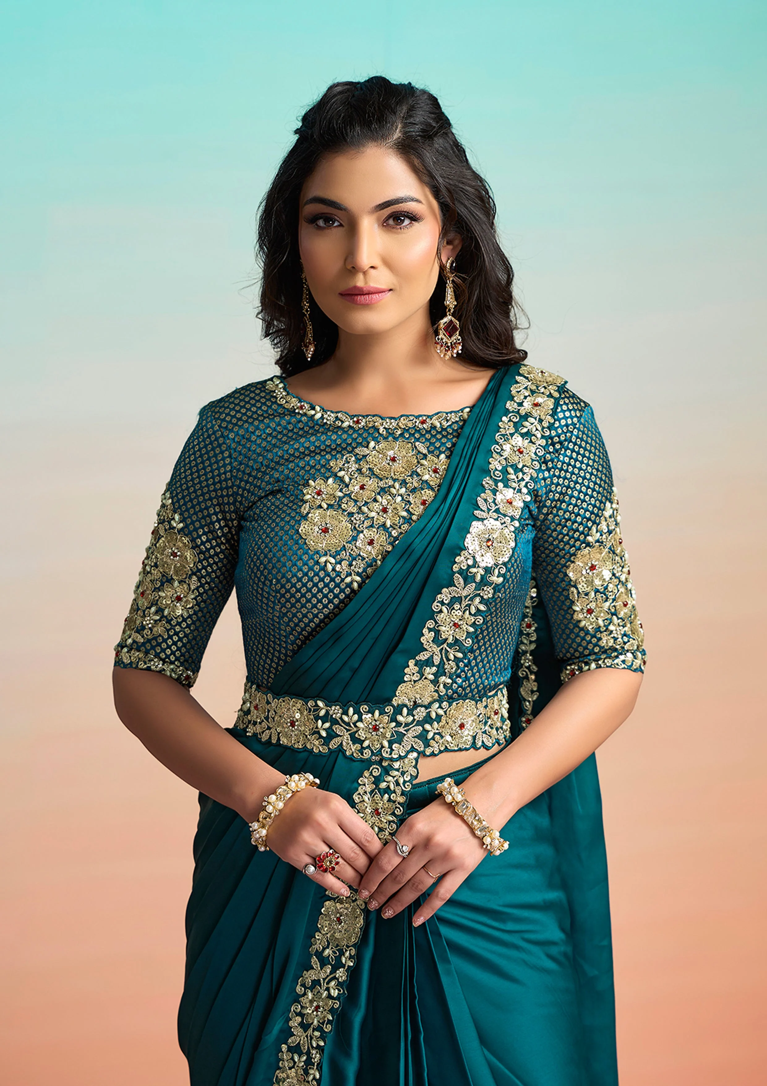Peacock Blue Embellished Satin Silk Draped Saree - Image 5