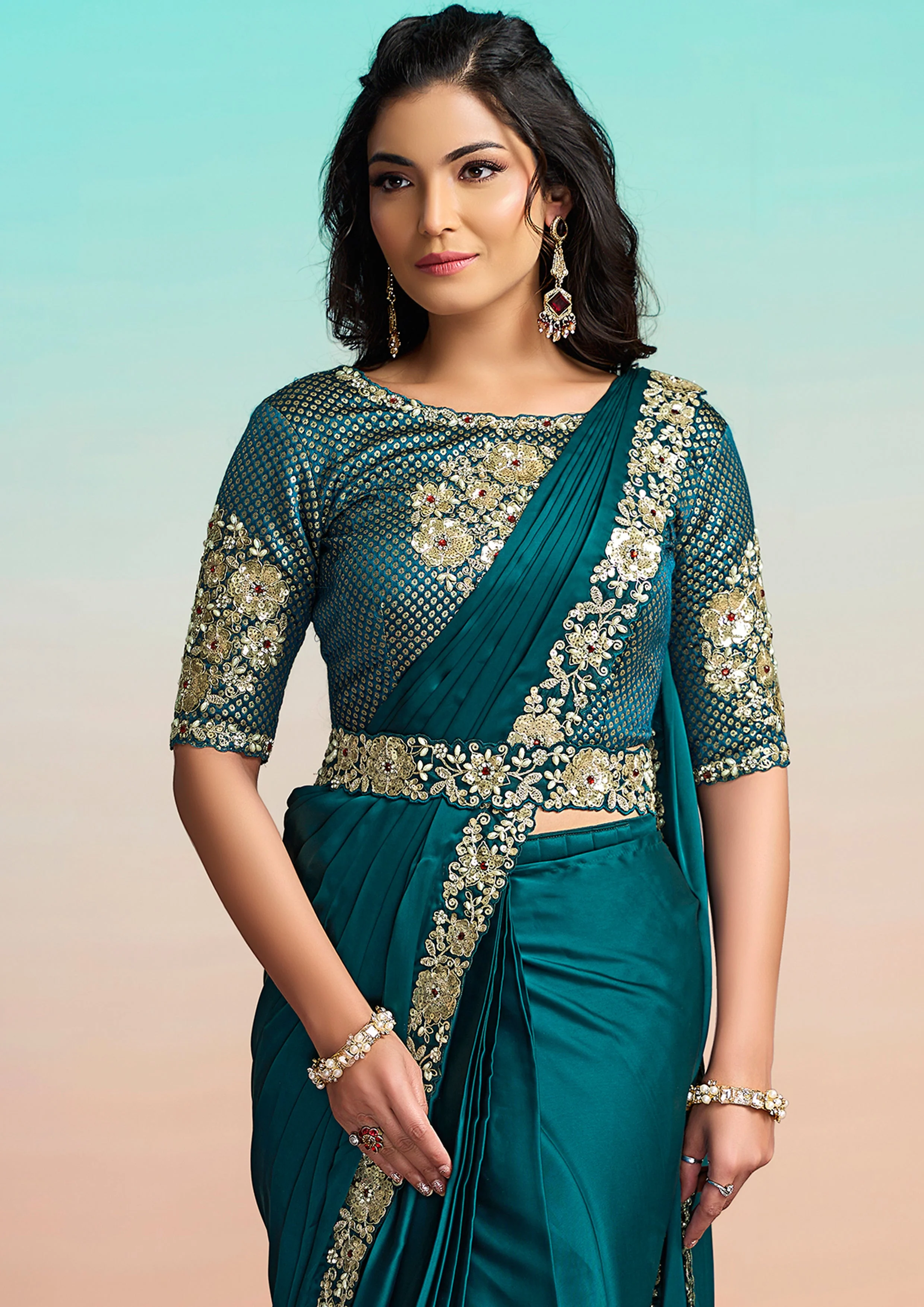 Peacock Blue Embellished Satin Silk Draped Saree - Image 6