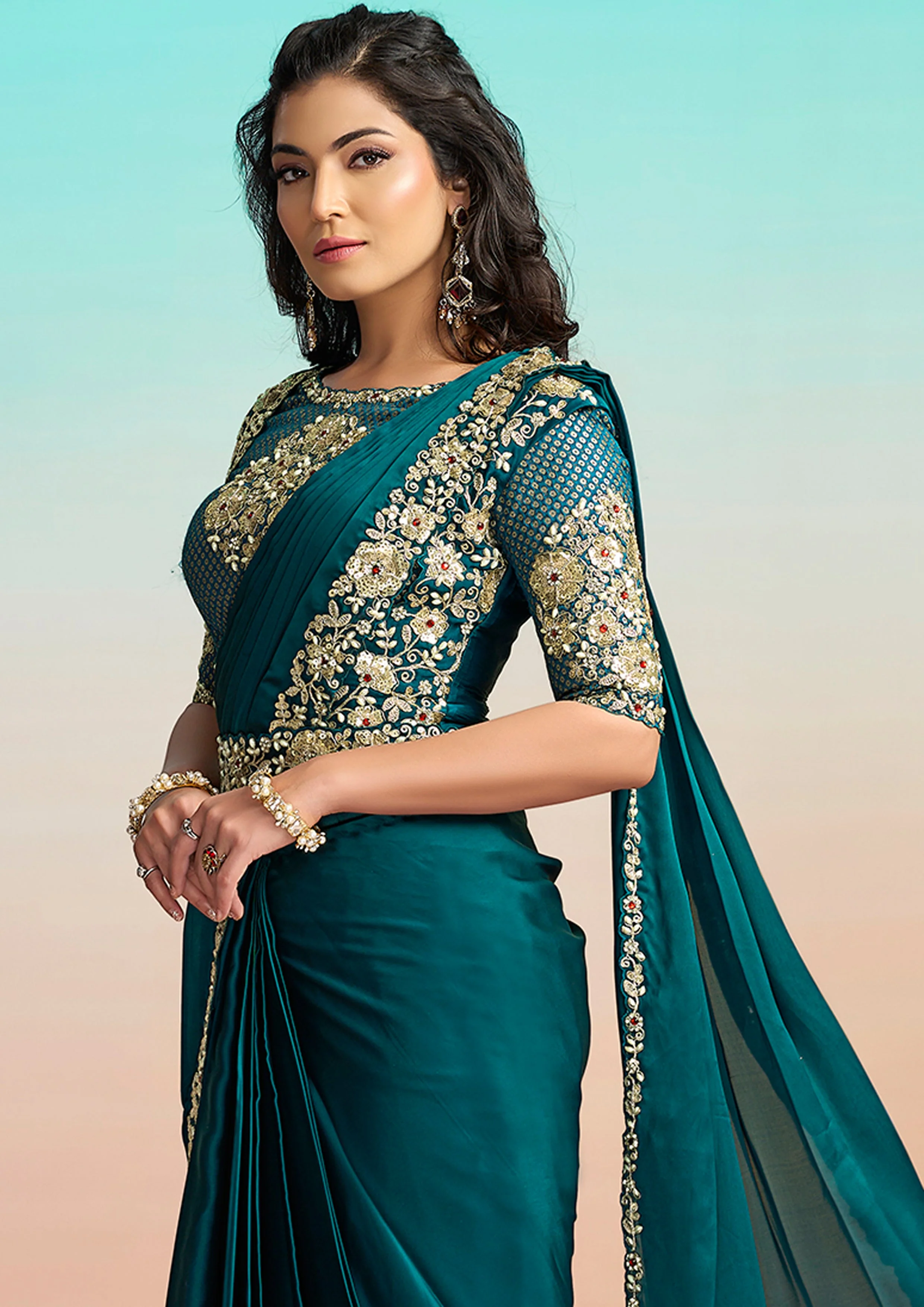 Peacock Blue Embellished Satin Silk Draped Saree - Image 7