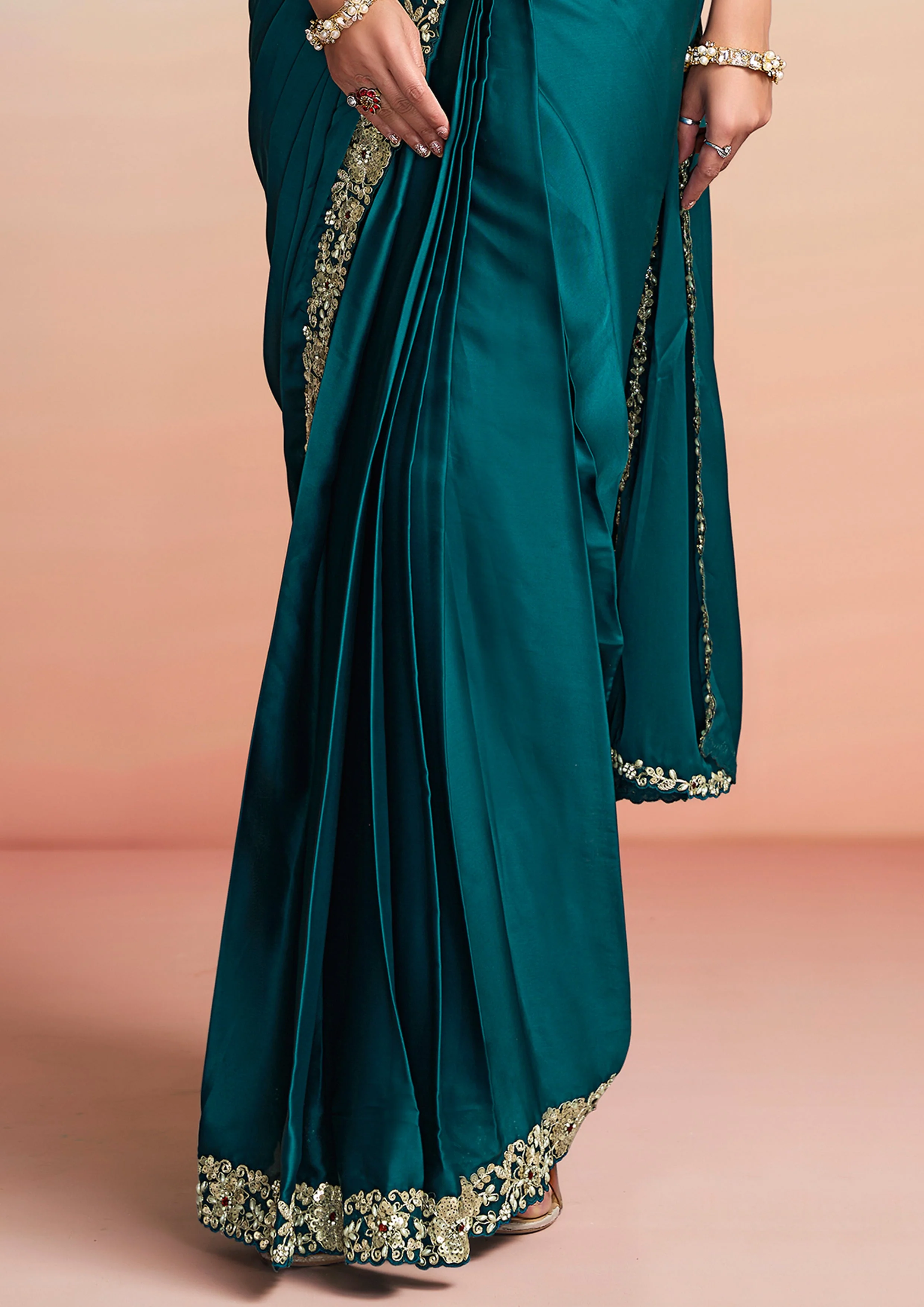 Peacock Blue Embellished Satin Silk Draped Saree - Image 8