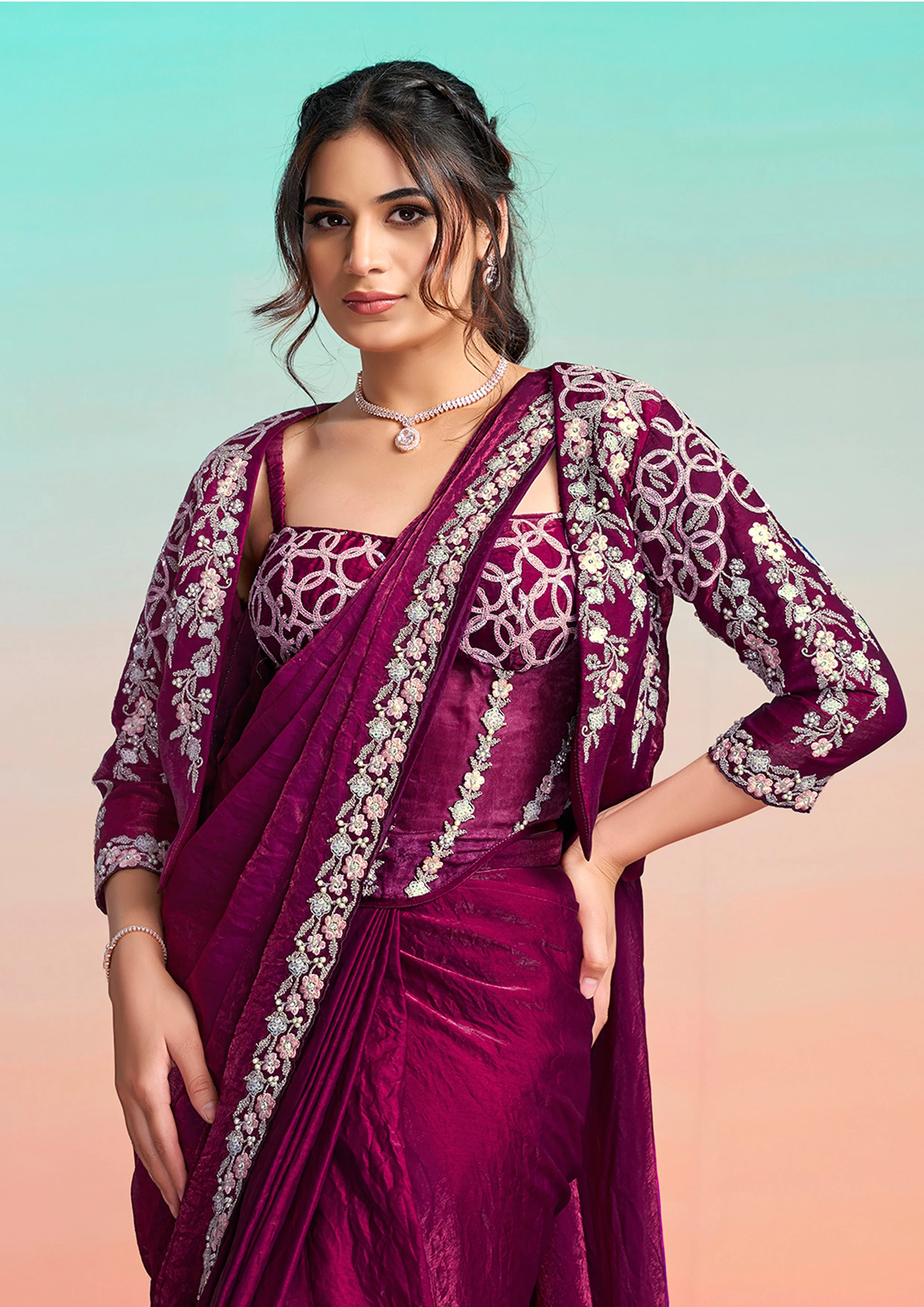 Wine Plum Embellished Satin Silk Draped Saree - Image 2