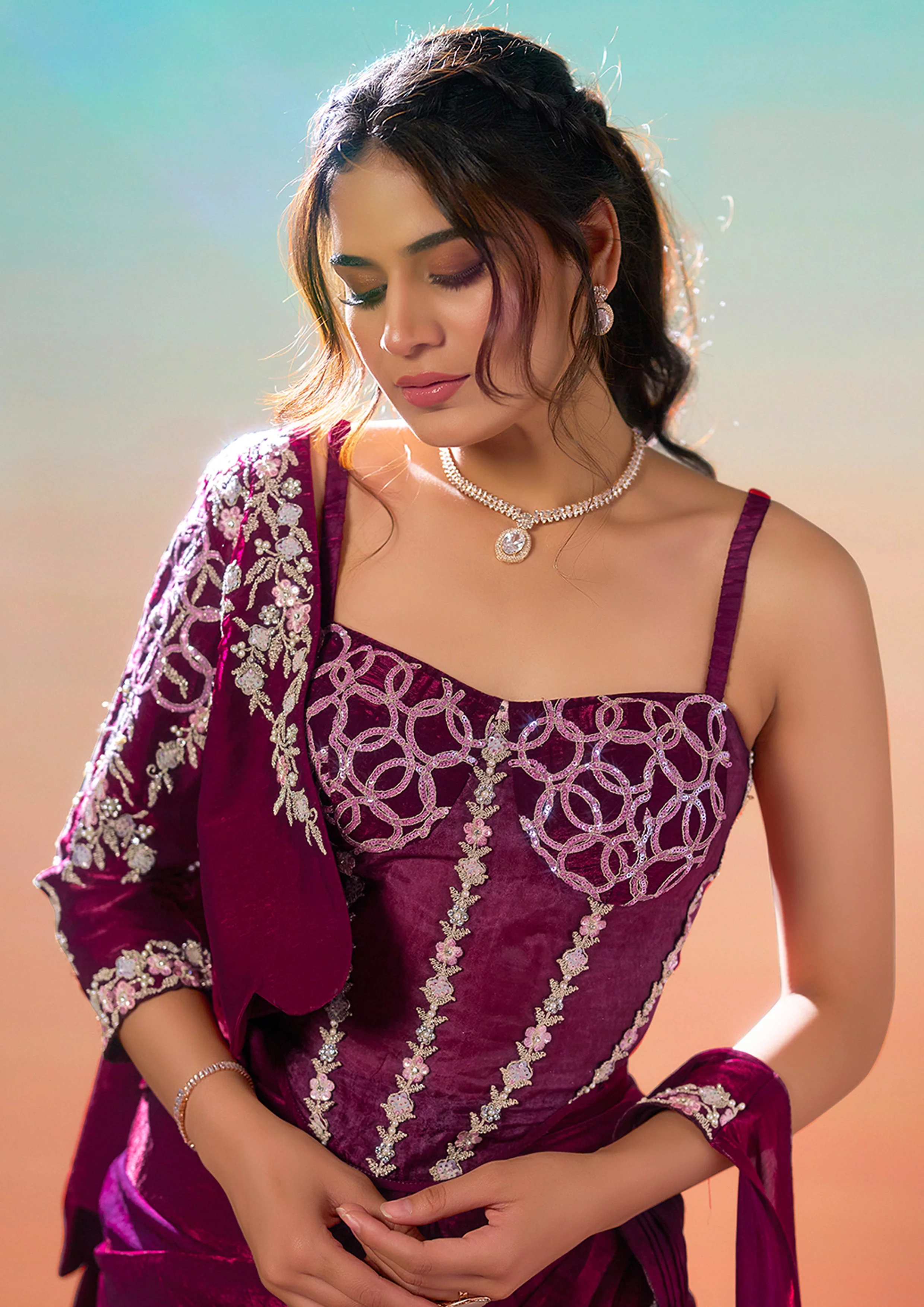 Wine Plum Embellished Satin Silk Draped Saree - Image 3