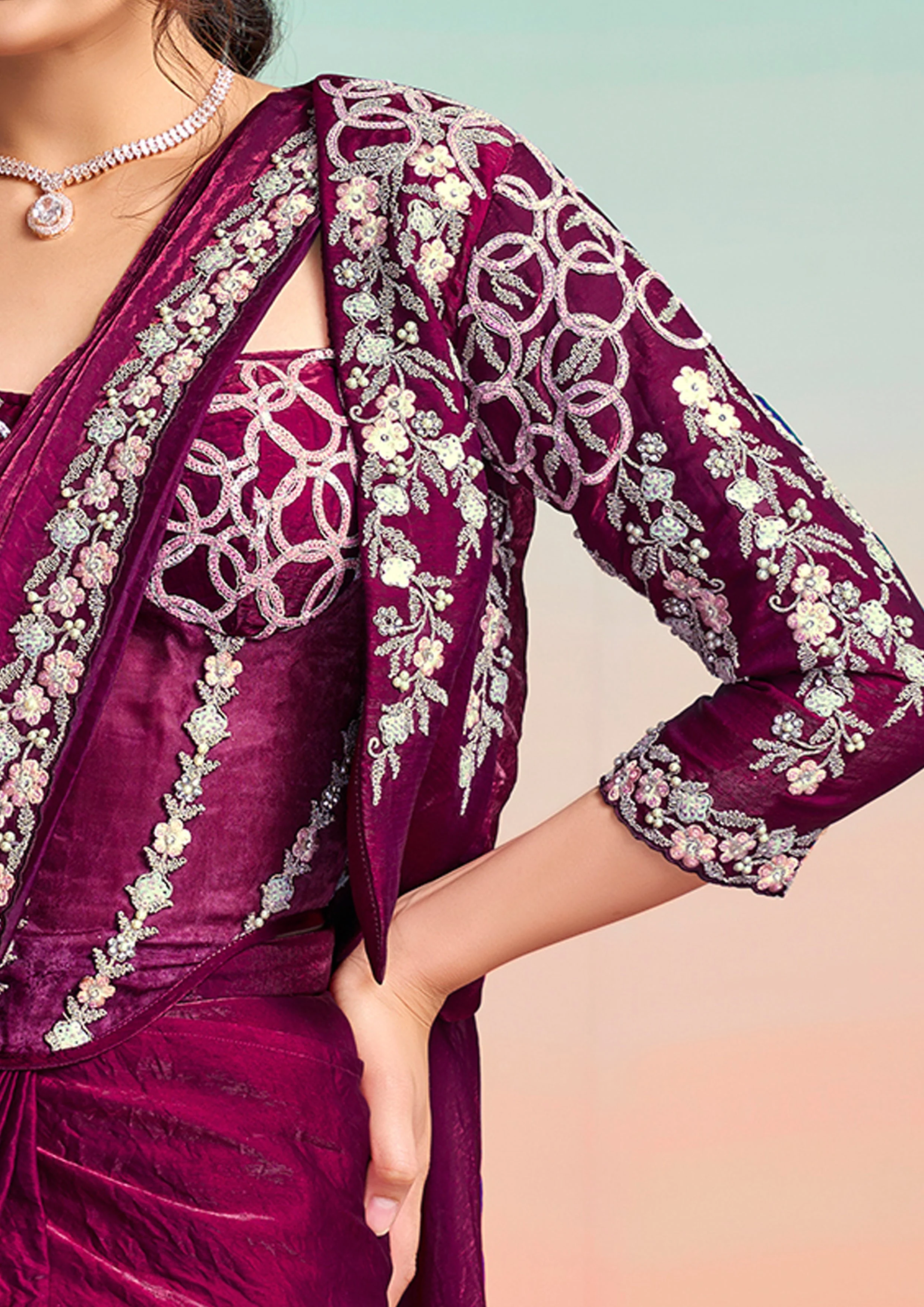 Wine Plum Embellished Satin Silk Draped Saree - Image 4