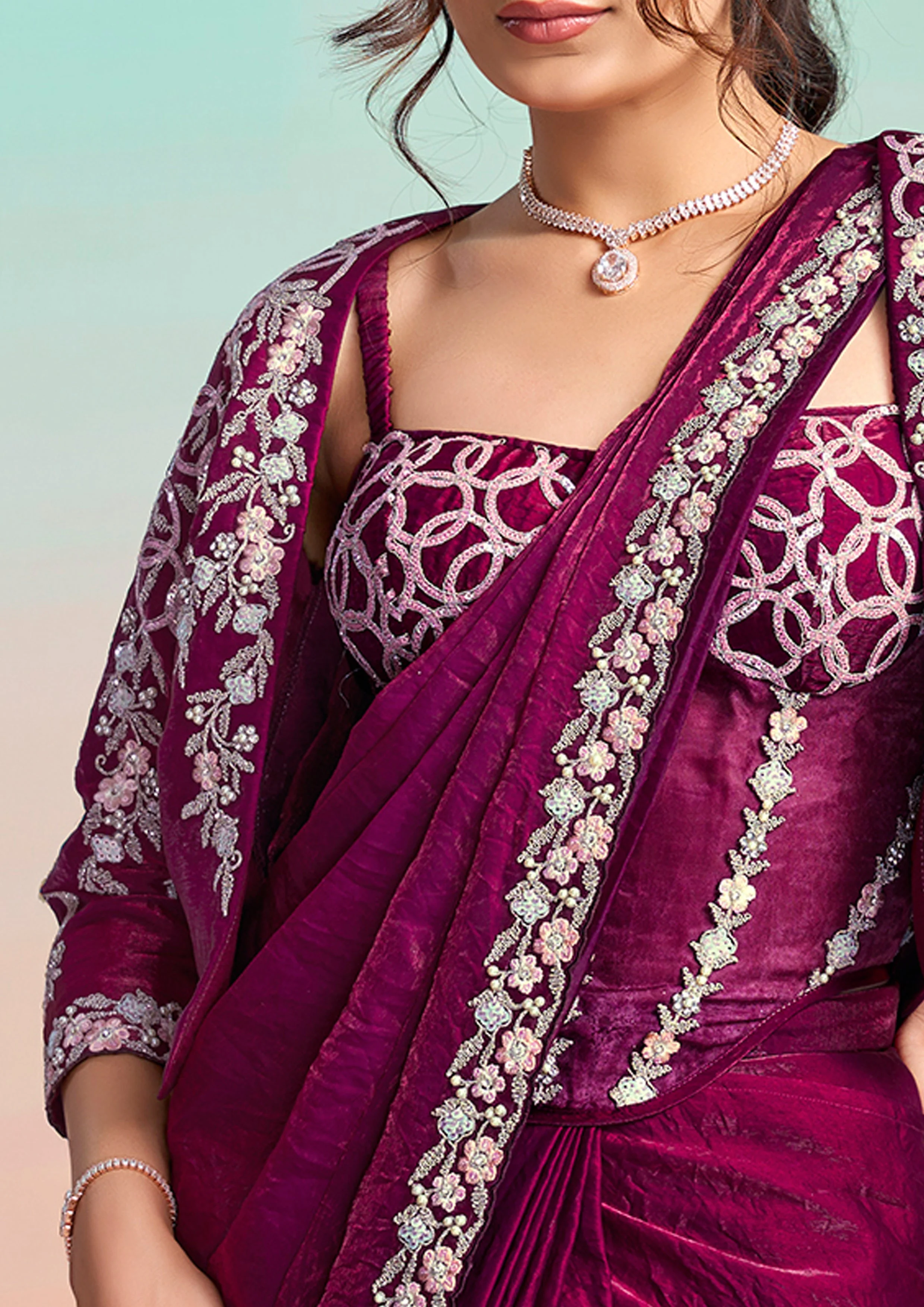 Wine Plum Embellished Satin Silk Draped Saree - Image 5