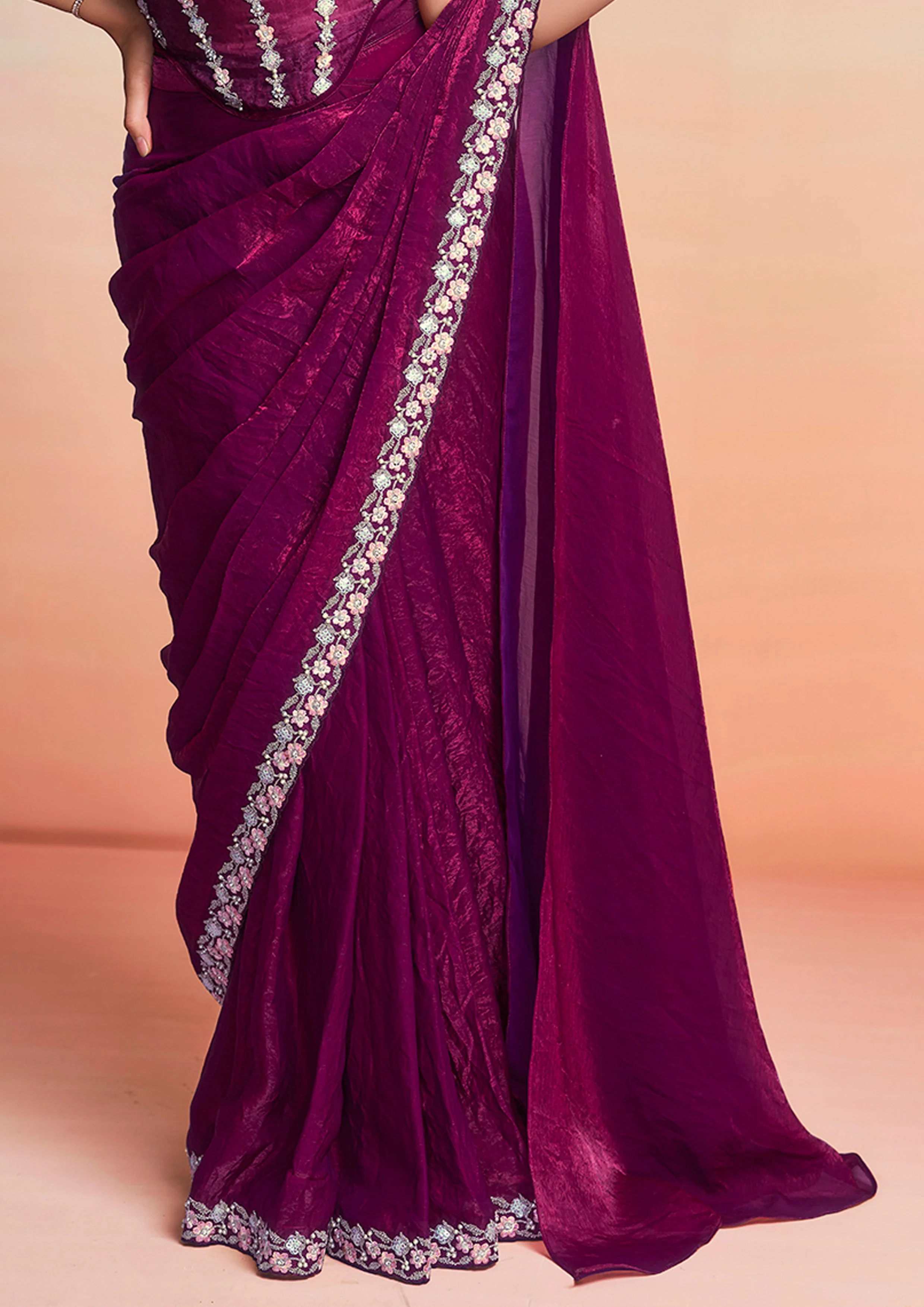 Wine Plum Embellished Satin Silk Draped Saree - Image 6